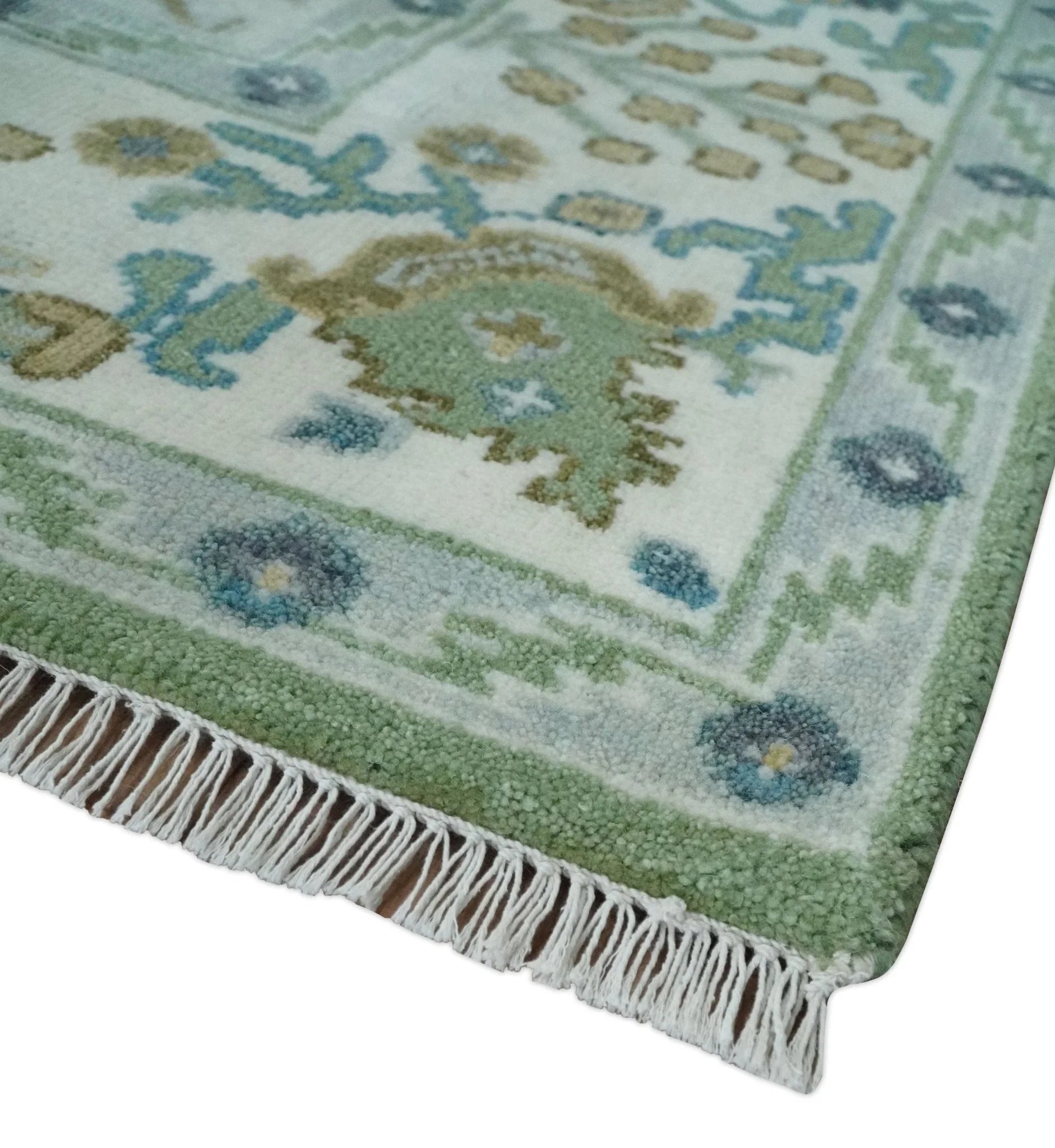 Custom Made Green, Ivory and Silver Traditional Turkish Hand Knotted Wool Rug - The Rug Decor