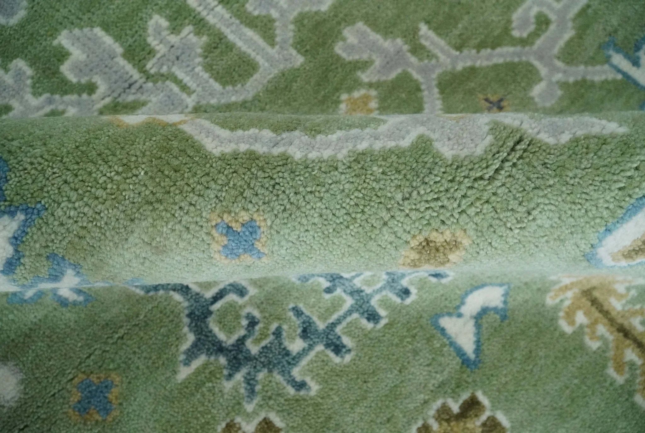 Custom Made Green, Ivory and Silver Traditional Turkish Hand Knotted Wool Rug - The Rug Decor