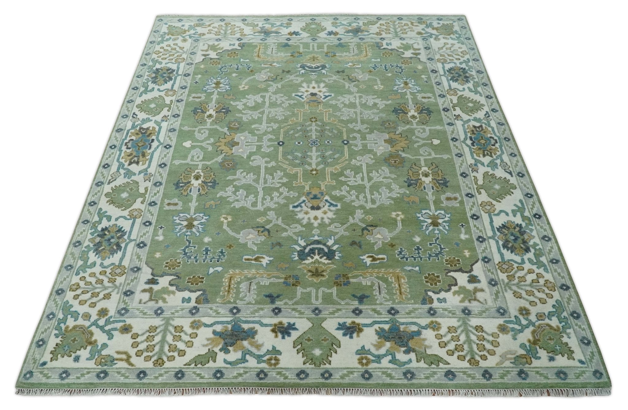 Custom Made Green, Ivory and Silver Traditional Turkish Hand Knotted Wool Rug - The Rug Decor