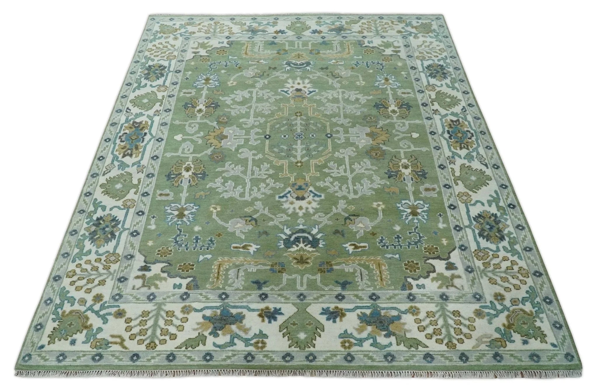 Custom Made Green, Ivory and Silver Traditional Turkish Hand Knotted Wool Rug - The Rug Decor
