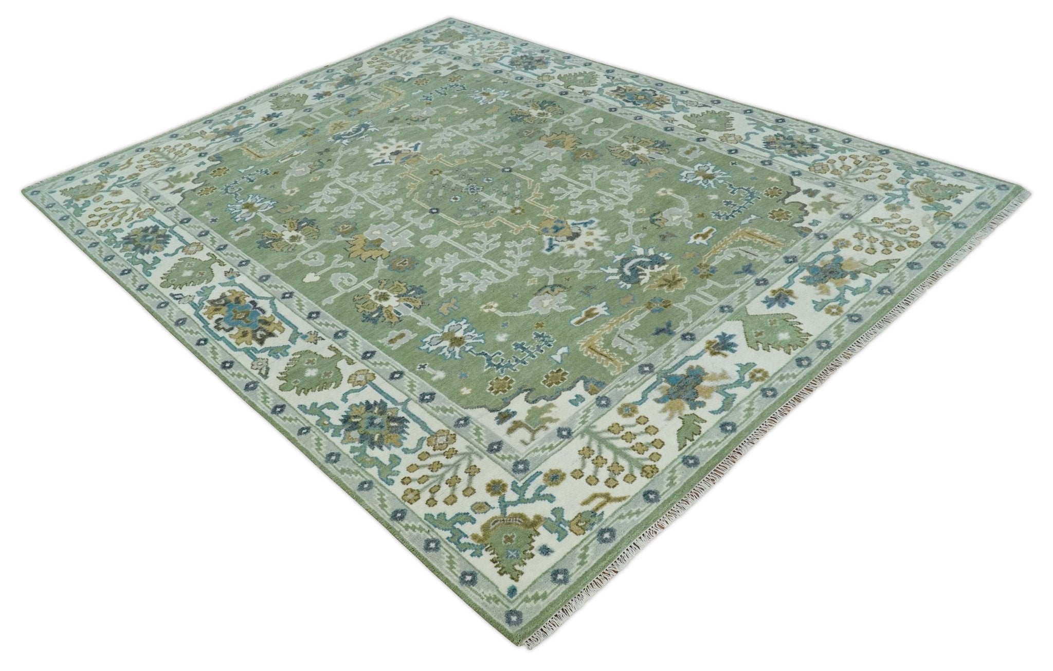 Custom Made Green, Ivory and Silver Traditional Turkish Hand Knotted Wool Rug - The Rug Decor