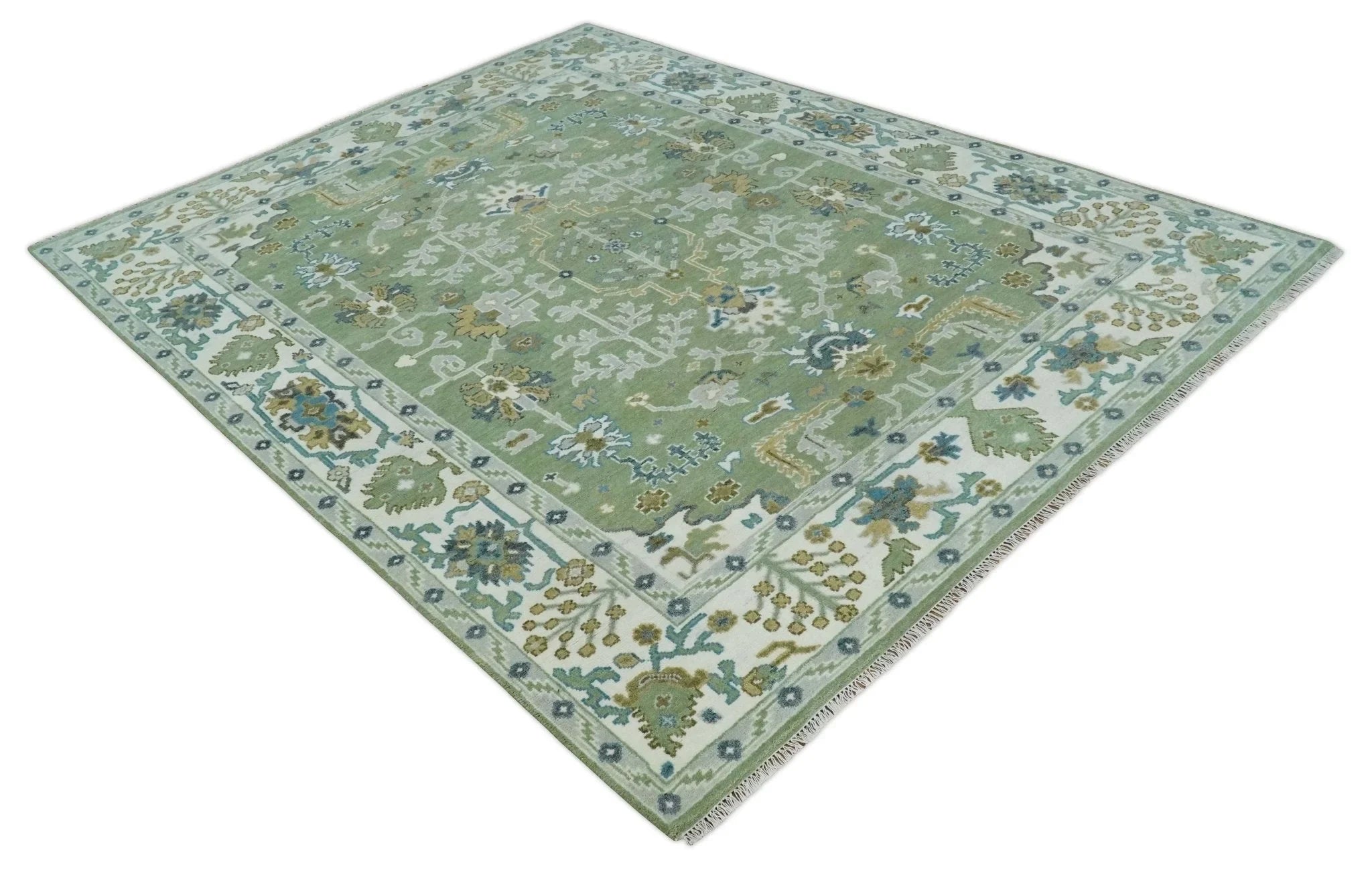 Custom Made Green, Ivory and Silver Traditional Turkish Hand Knotted Wool Rug - The Rug Decor
