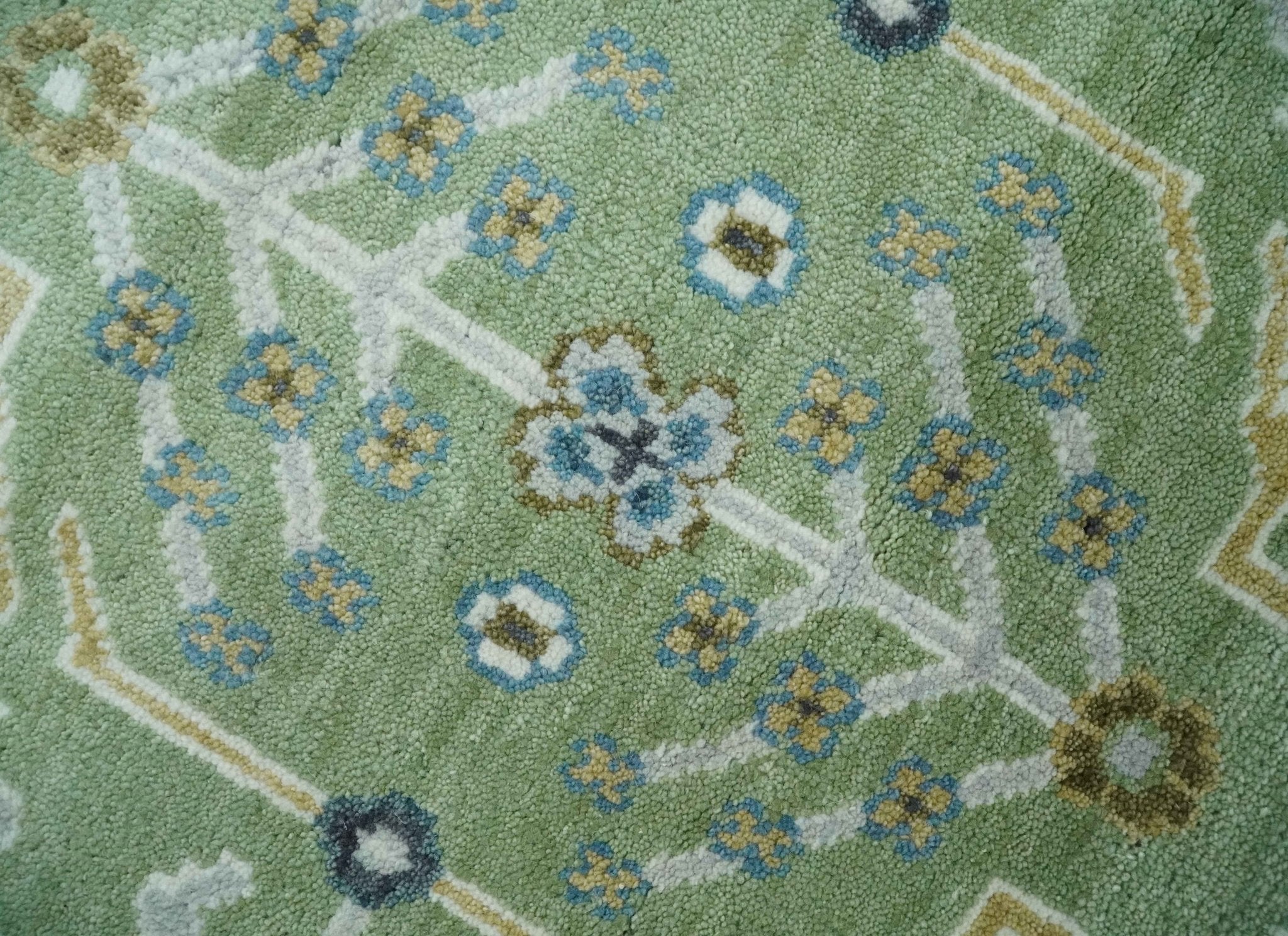 Custom Made Green, Ivory and Silver Traditional Turkish Hand Knotted Wool Rug - The Rug Decor