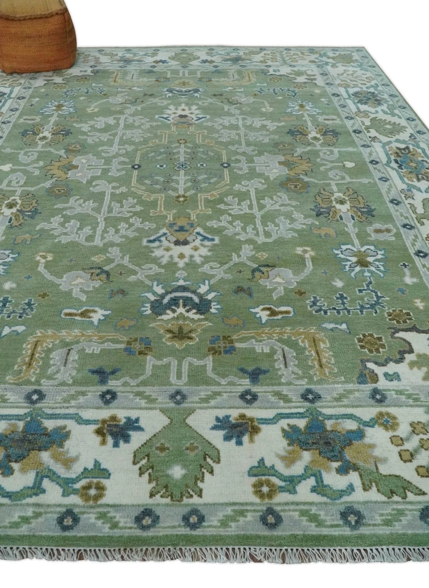 Custom Made Green, Ivory and Silver Traditional Turkish Hand Knotted Wool Rug - The Rug Decor
