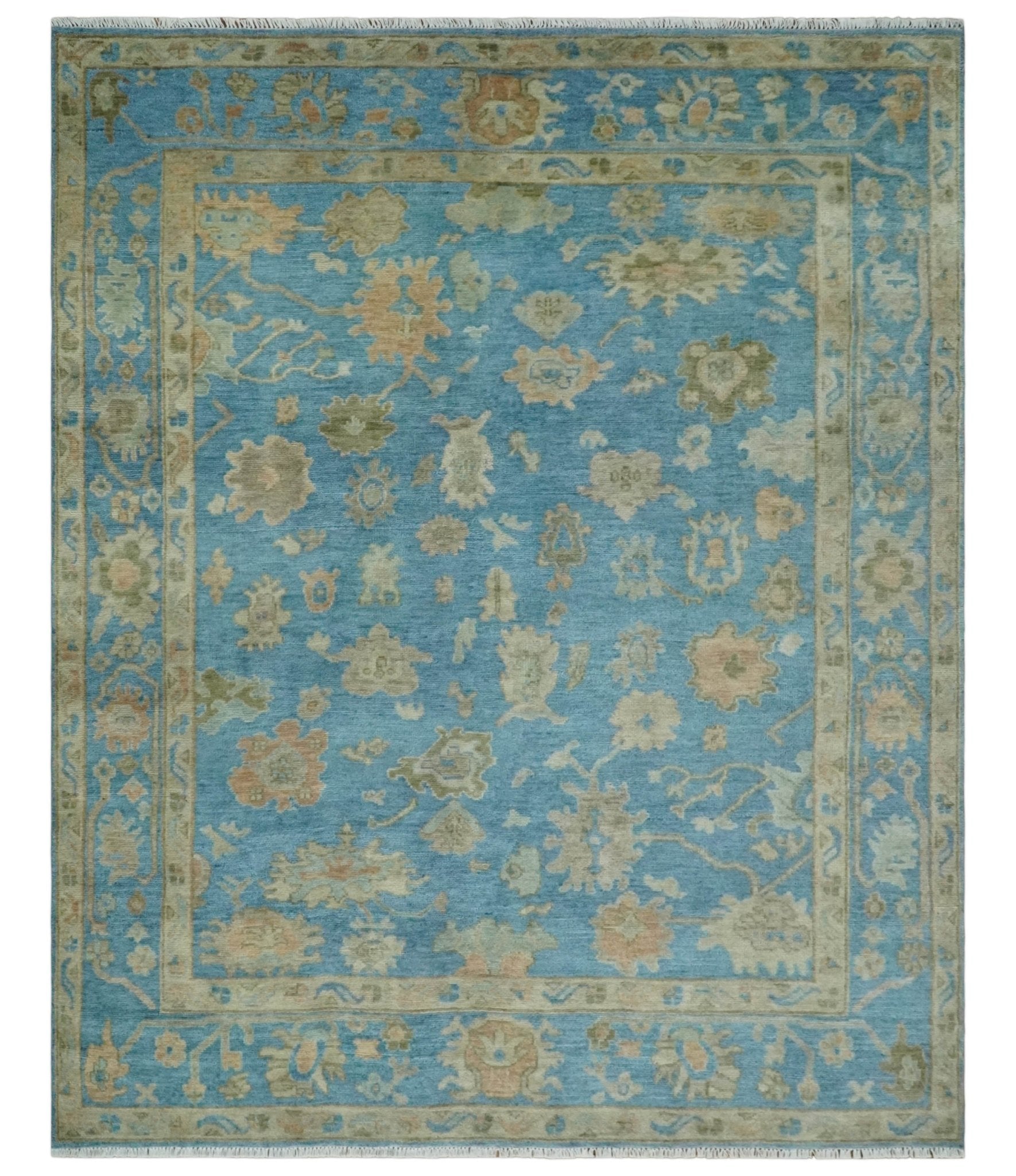 Custom Made Hand knotted Blue and Beige Traditional Oushak Wool Area Rug