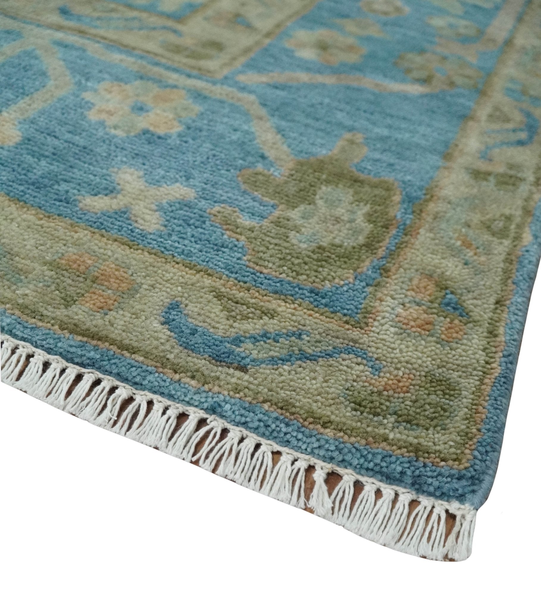 Custom Made Hand knotted Blue and Beige Traditional Oushak Wool Area Rug