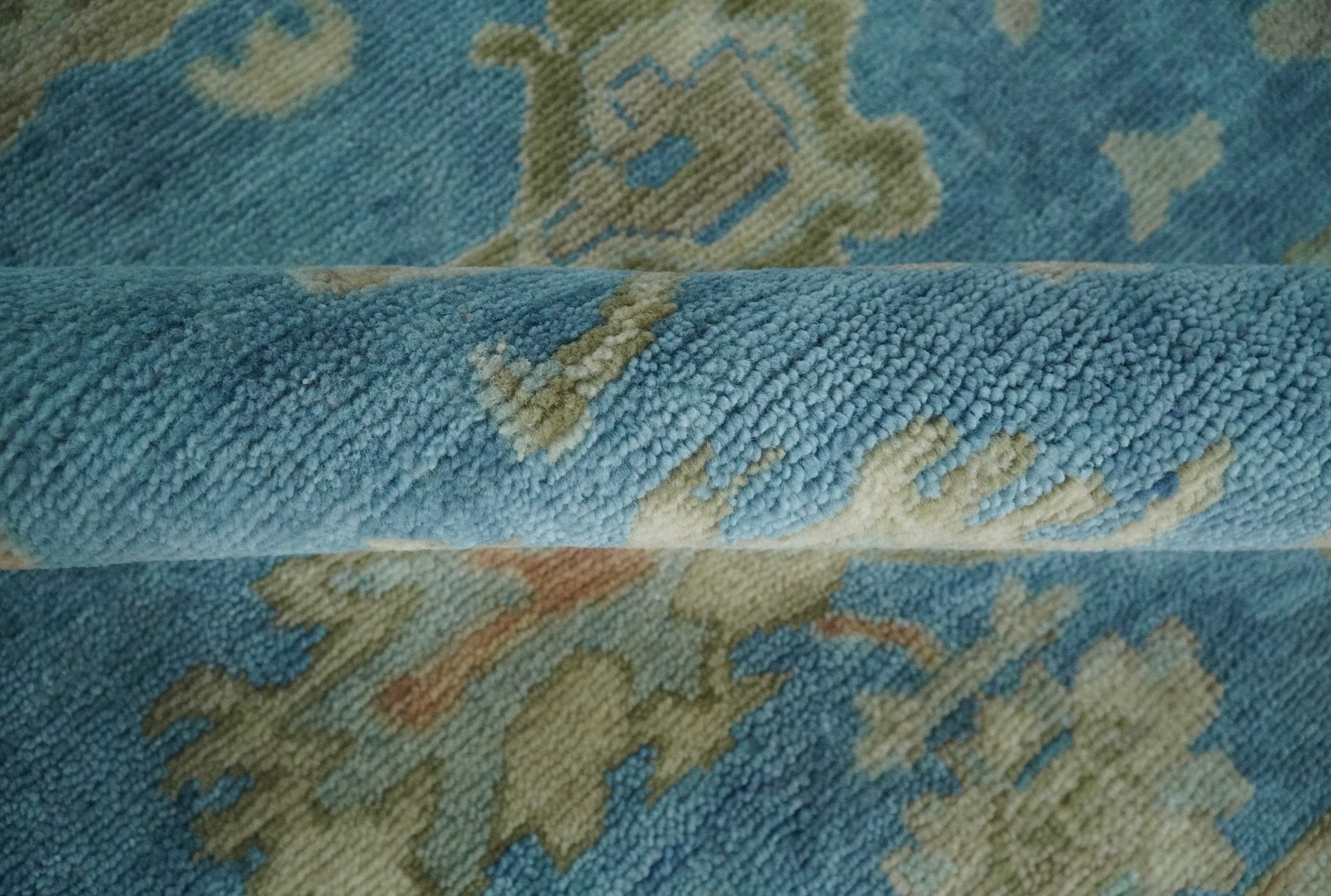 Custom Made Hand knotted Blue and Beige Traditional Oushak Wool Area Rug