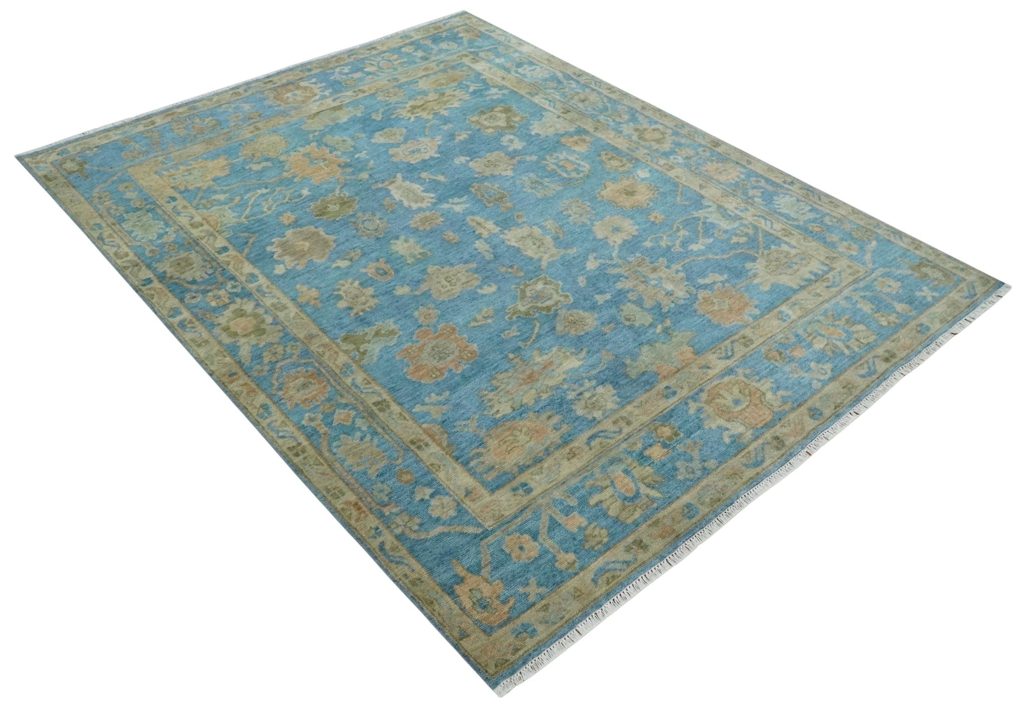 Custom Made Hand knotted Blue and Beige Traditional Oushak Wool Area Rug