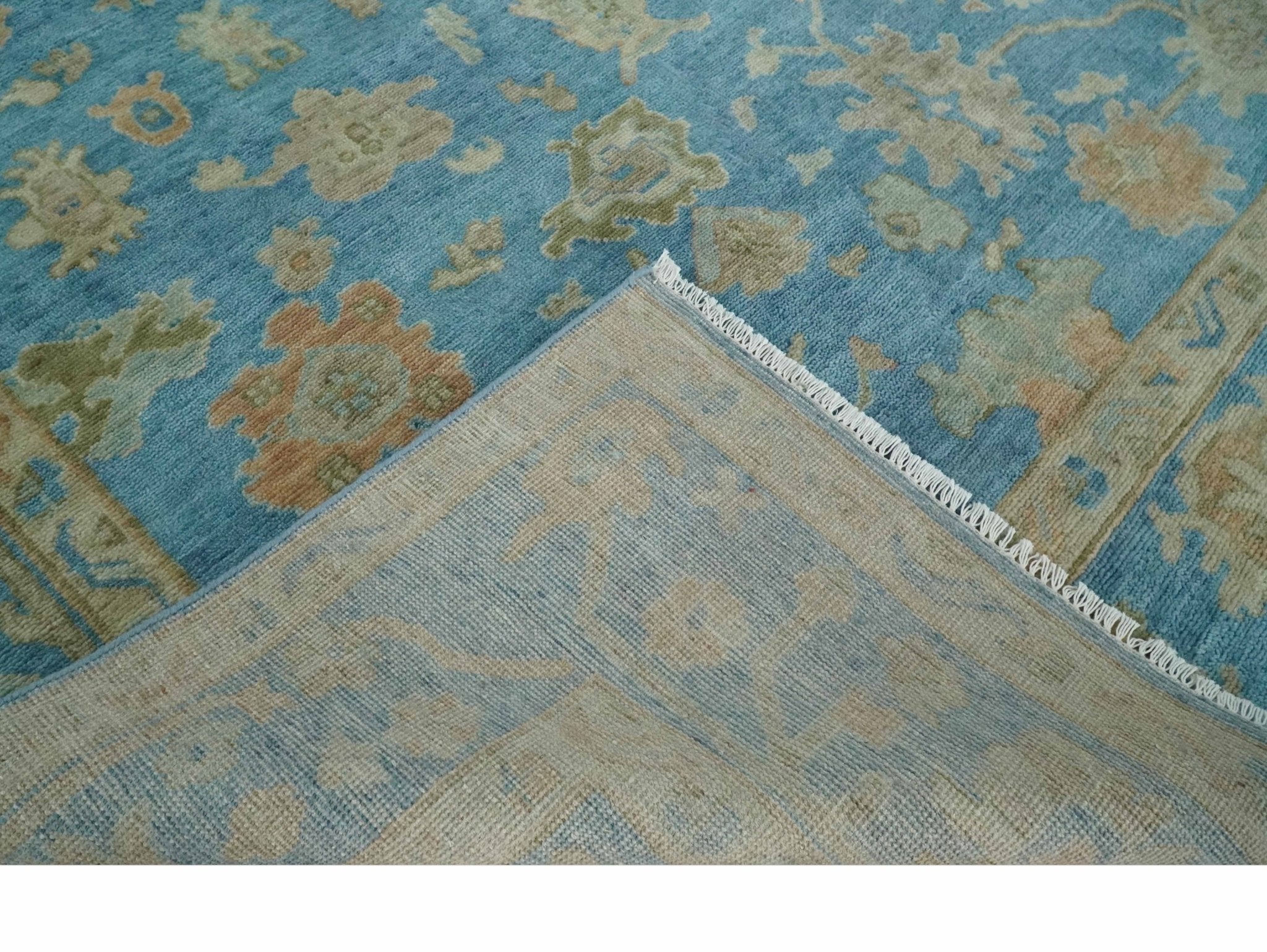 Custom Made Hand knotted Blue and Beige Traditional Oushak Wool Area Rug