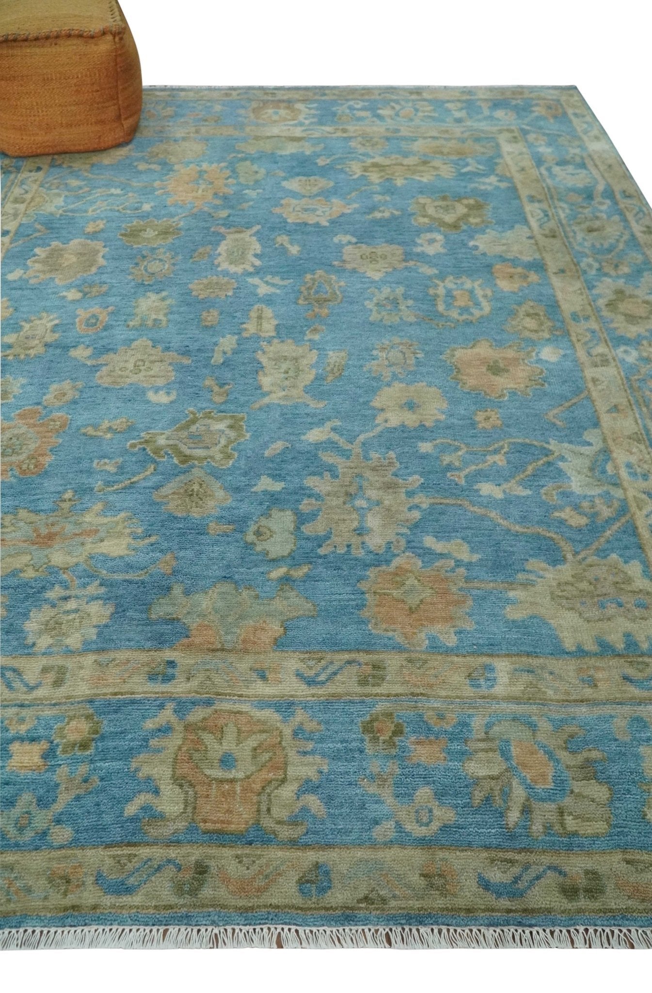 Custom Made Hand knotted Blue and Beige Traditional Oushak Wool Area Rug