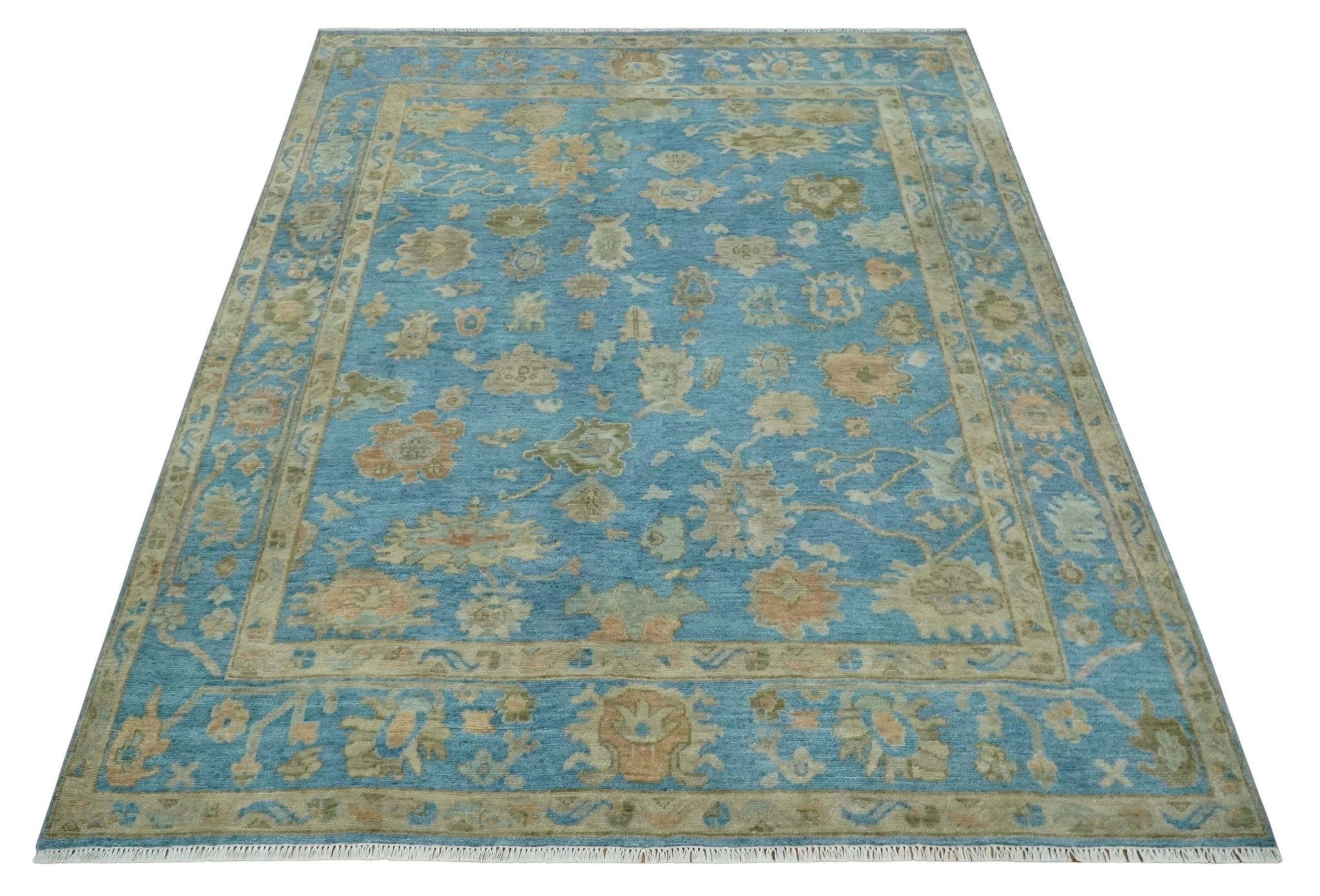 Custom Made Hand knotted Blue and Beige Traditional Oushak Wool Area Rug