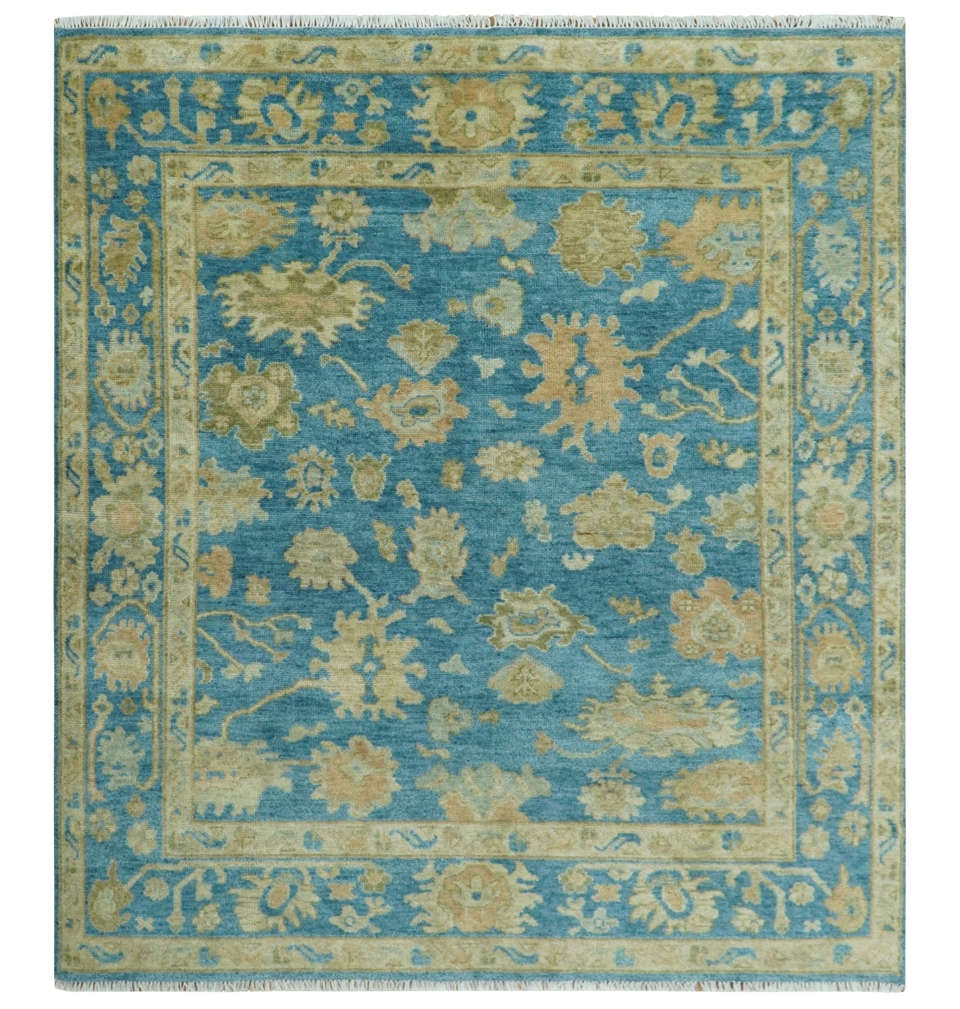 Custom Made Hand knotted Blue and Beige Traditional Oushak Wool Area Rug