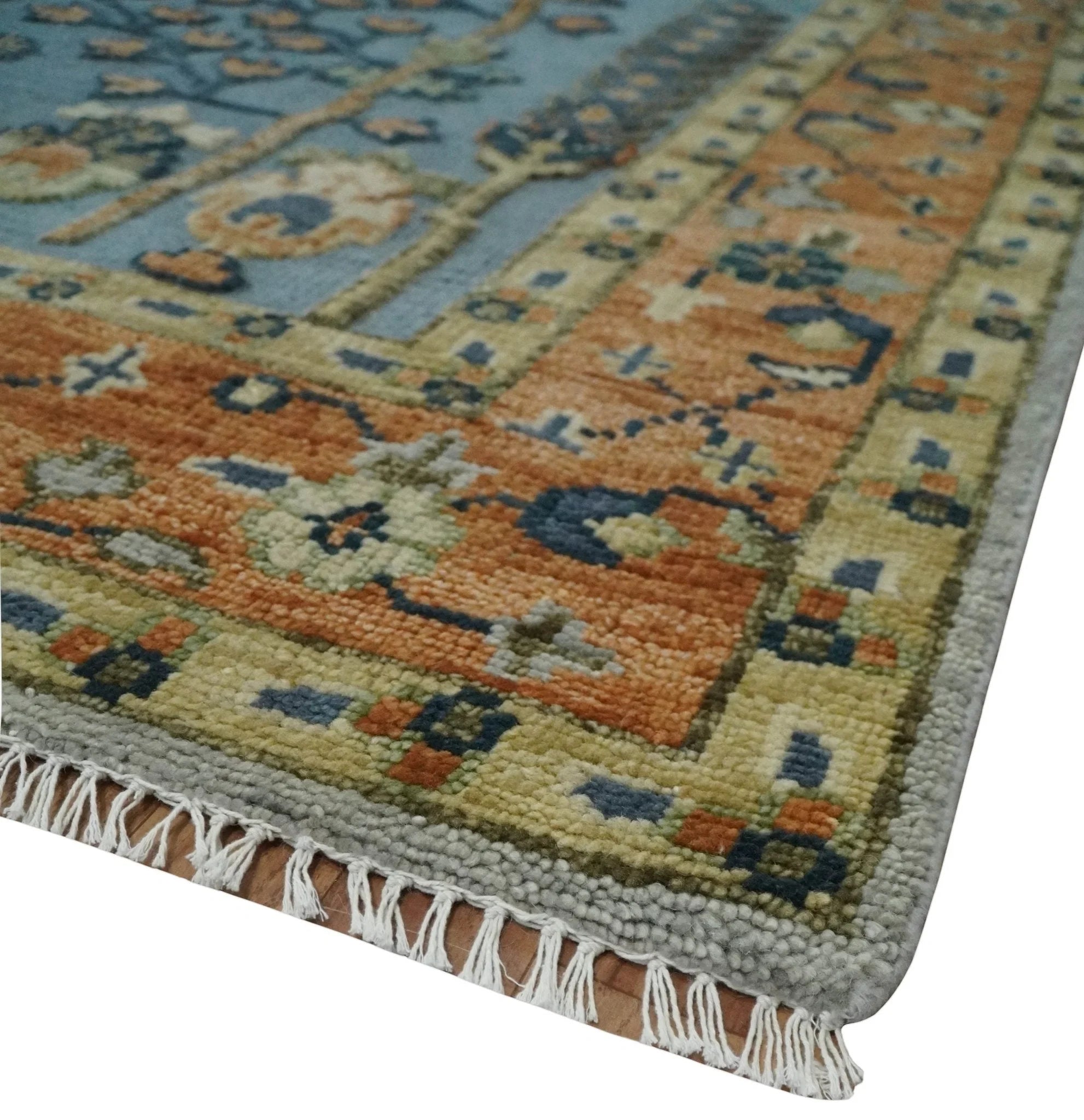 Custom Made Hand Knotted Blue and Rust Tree Design Low pile Wool Area Rug - The Rug Decor