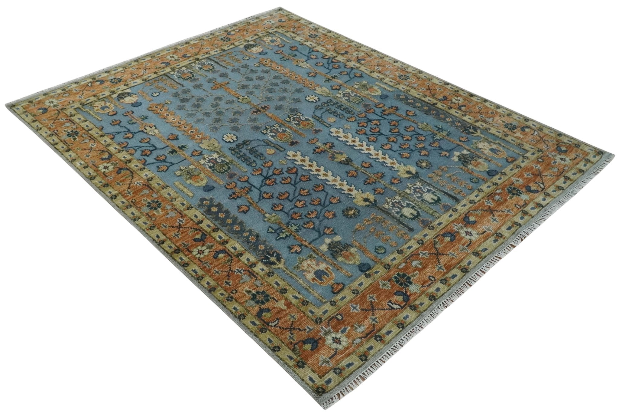 Custom Made Hand Knotted Blue and Rust Tree Design Low pile Wool Area Rug - The Rug Decor