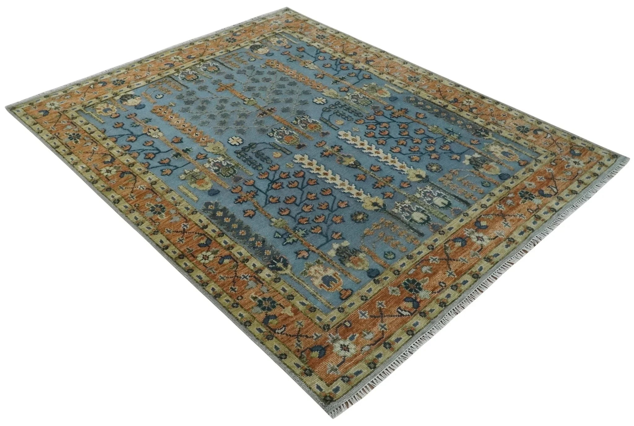 Custom Made Hand Knotted Blue and Rust Tree Design Low pile Wool Area Rug - The Rug Decor