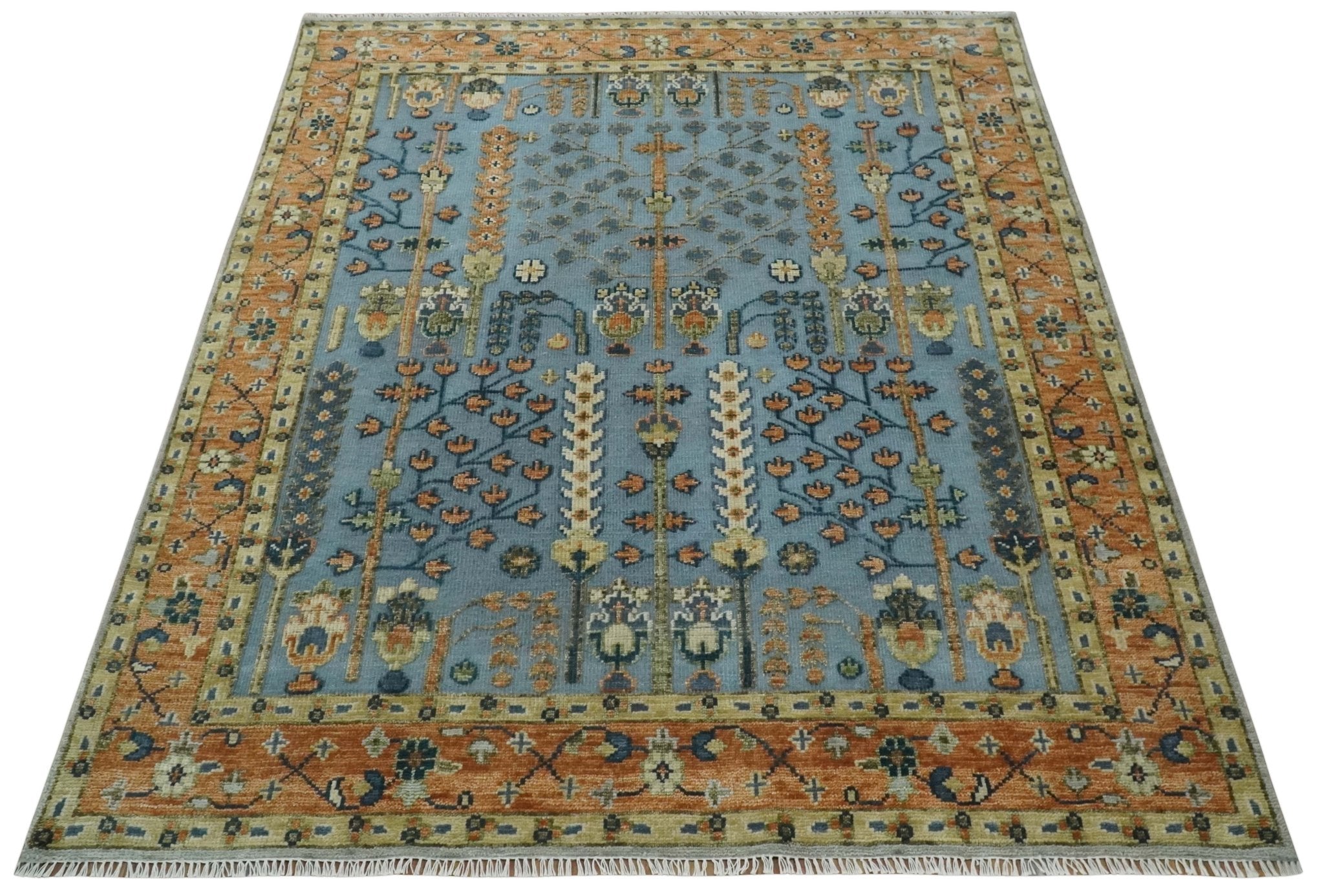 Custom Made Hand Knotted Blue and Rust Tree Design Low pile Wool Area Rug - The Rug Decor