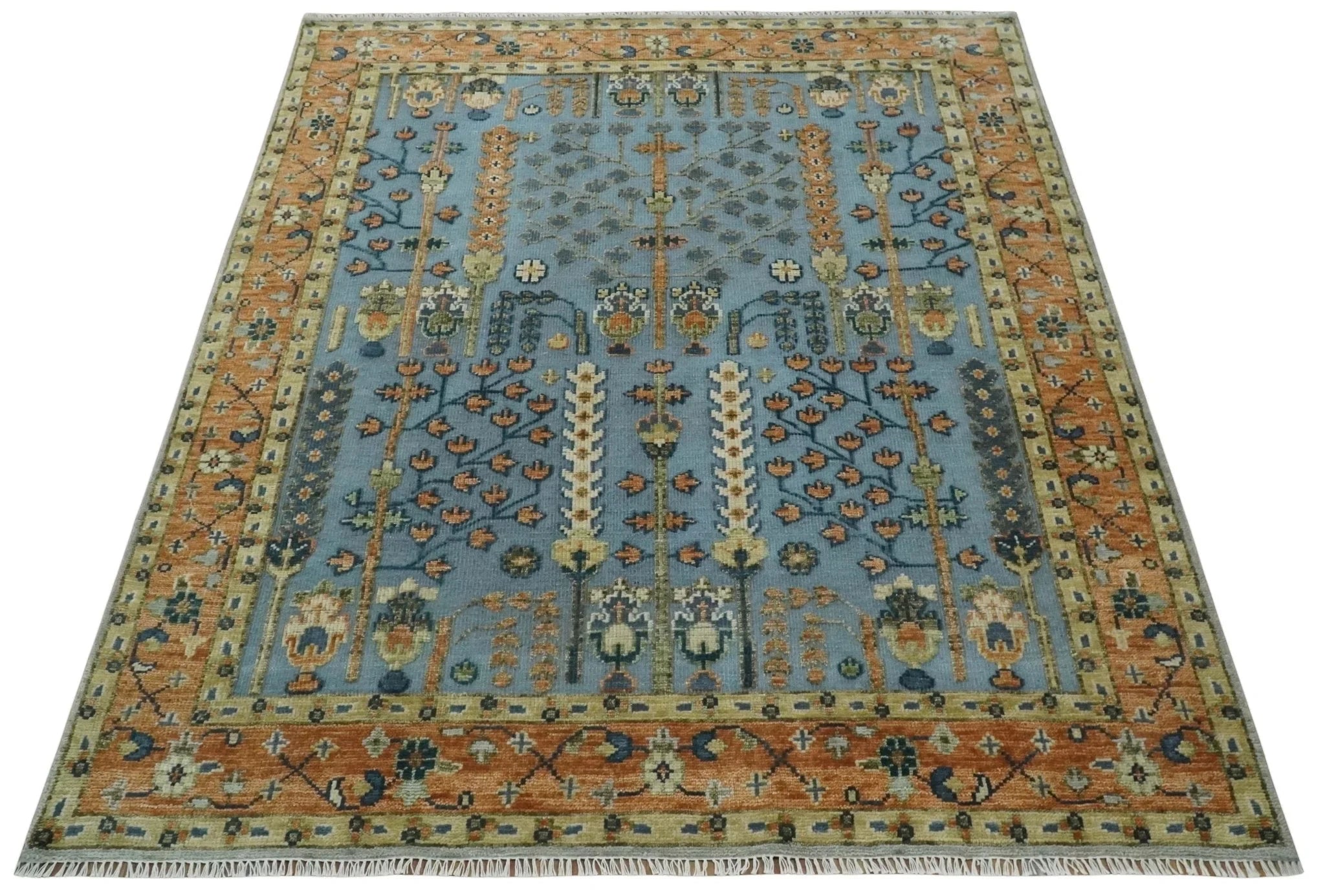 Custom Made Hand Knotted Blue and Rust Tree Design Low pile Wool Area Rug - The Rug Decor