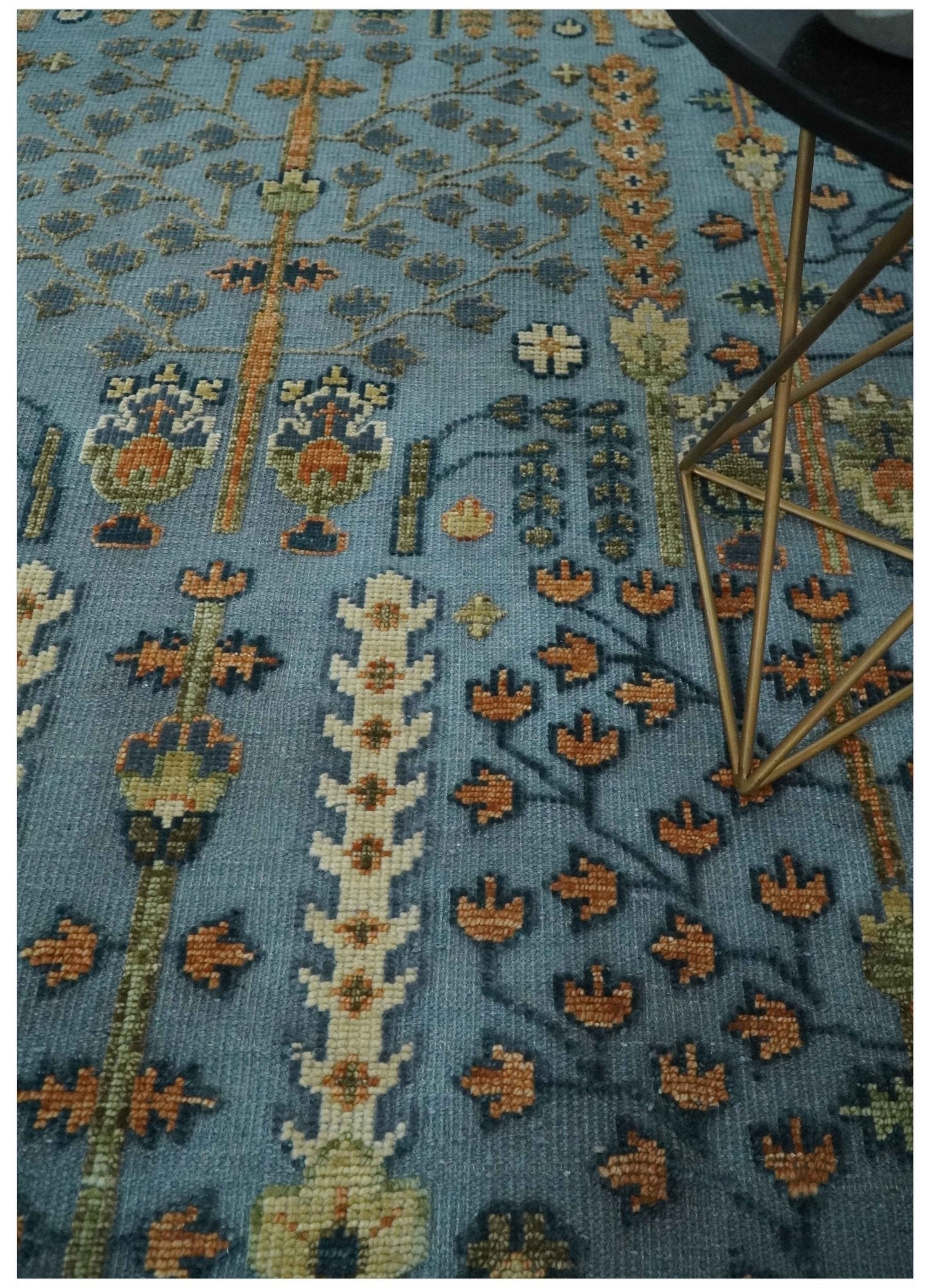 Custom Made Hand Knotted Blue and Rust Tree Design Low pile Wool Area Rug - The Rug Decor