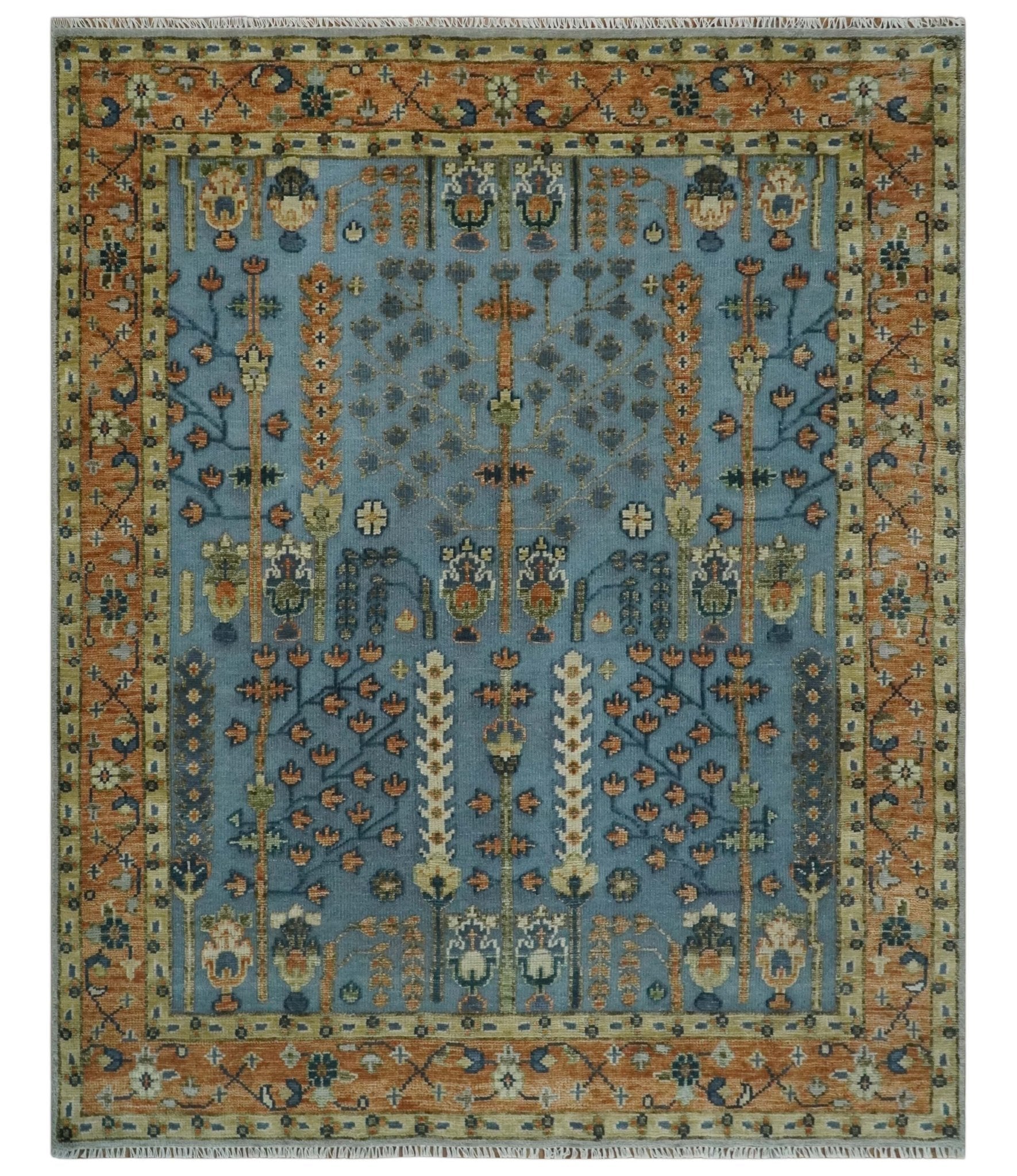 Custom Made Hand Knotted Blue and Rust Tree Design Low pile Wool Area Rug - The Rug Decor