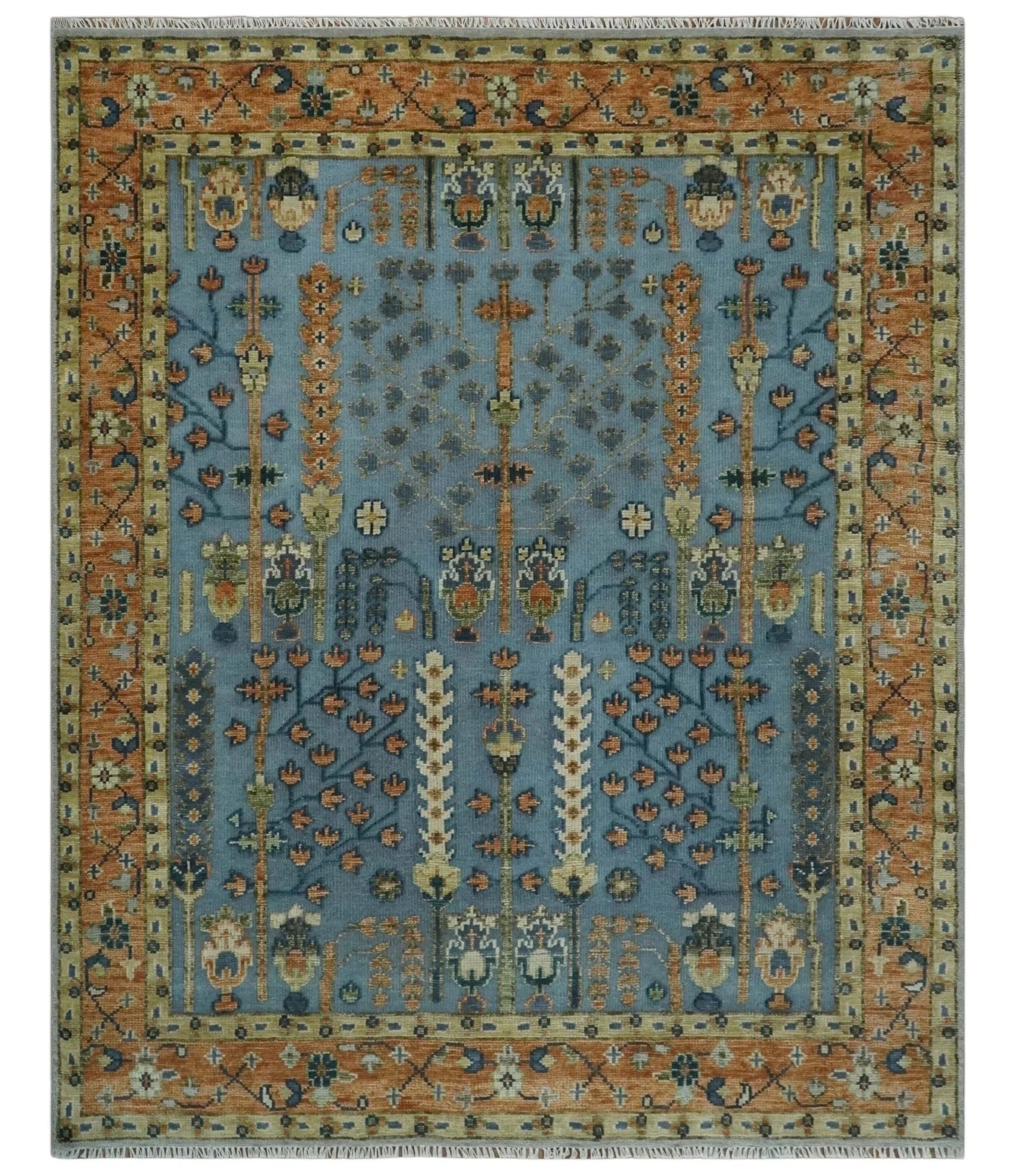 Custom Made Hand Knotted Blue and Rust Tree Design Low pile Wool Area Rug - The Rug Decor