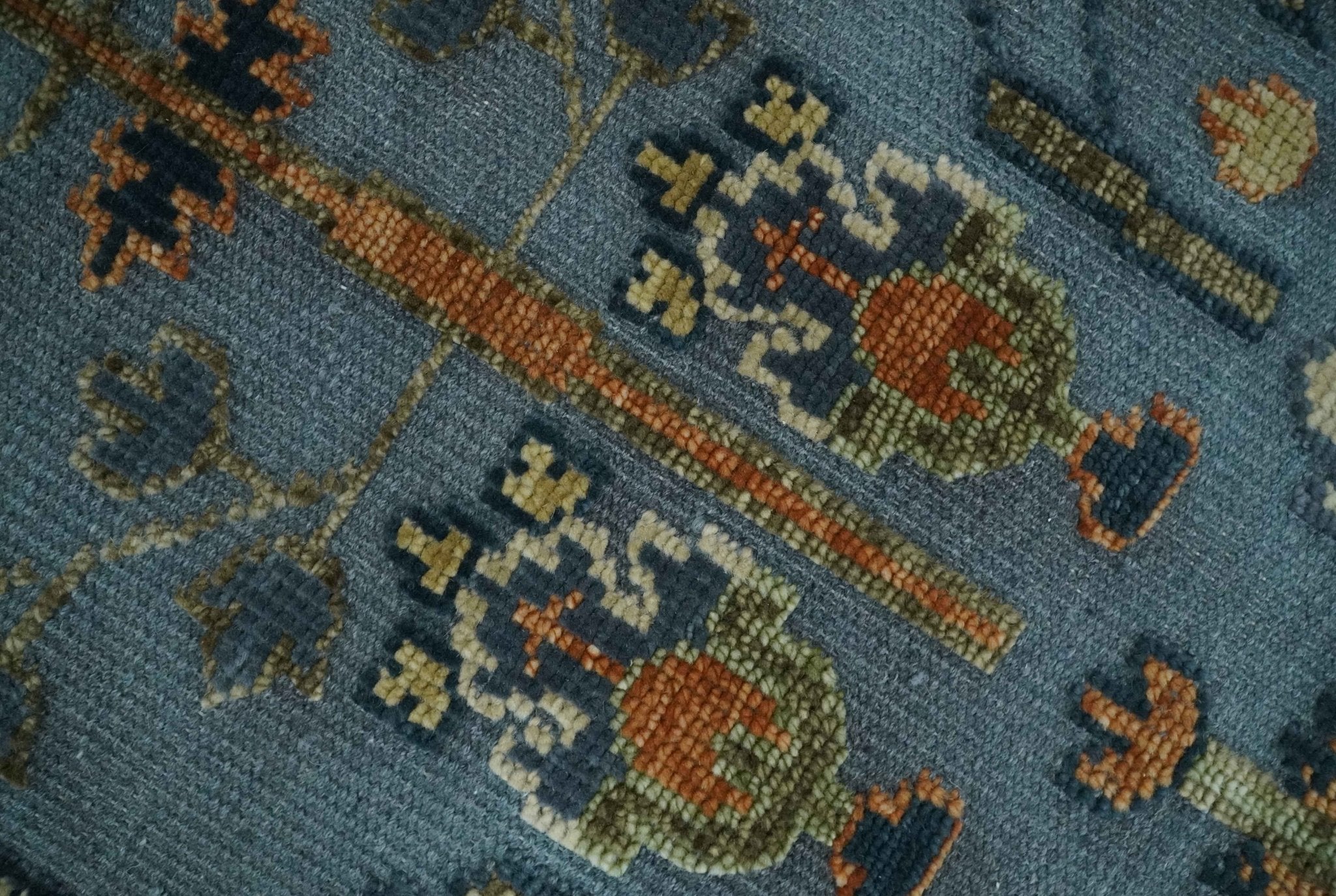 Custom Made Hand Knotted Blue and Rust Tree Design Low pile Wool Area Rug - The Rug Decor