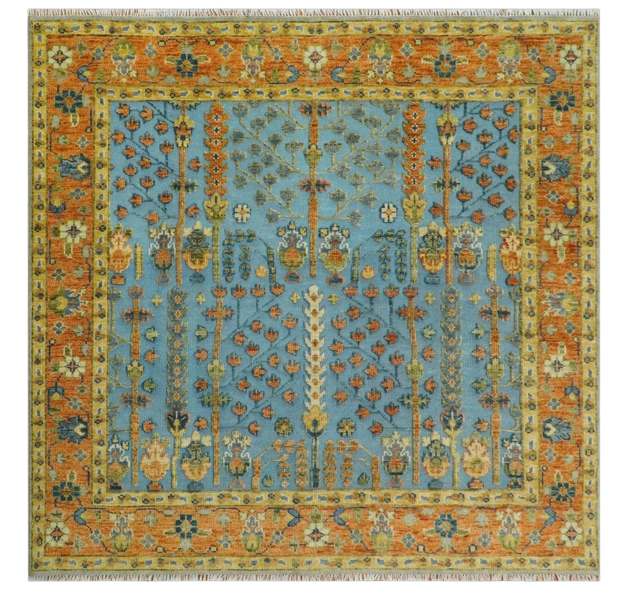 Custom Made Hand Knotted Blue and Rust Tree Design Low pile Wool Area Rug - The Rug Decor