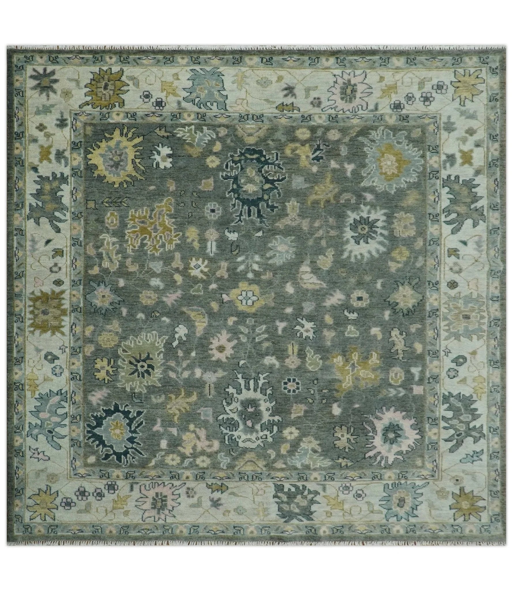 Custom Made Hand Knotted Charcoal and Ivory Traditional Oushak Wool Area Rug - The Rug Decor