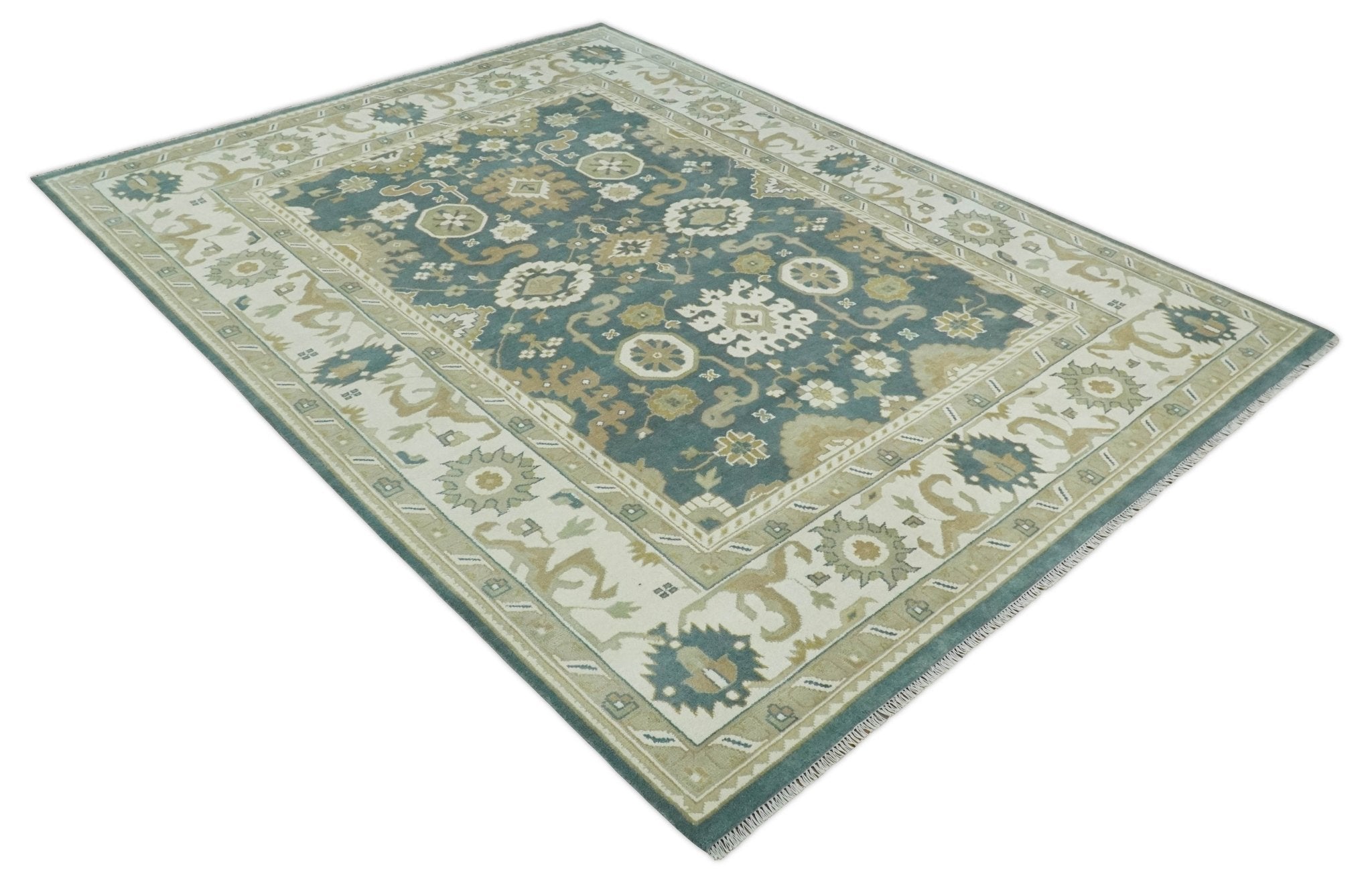 Custom Made Hand Knotted Dark Teal, Ivory and Beige Traditional Multi Size Oushak Wool Rug - The Rug Decor