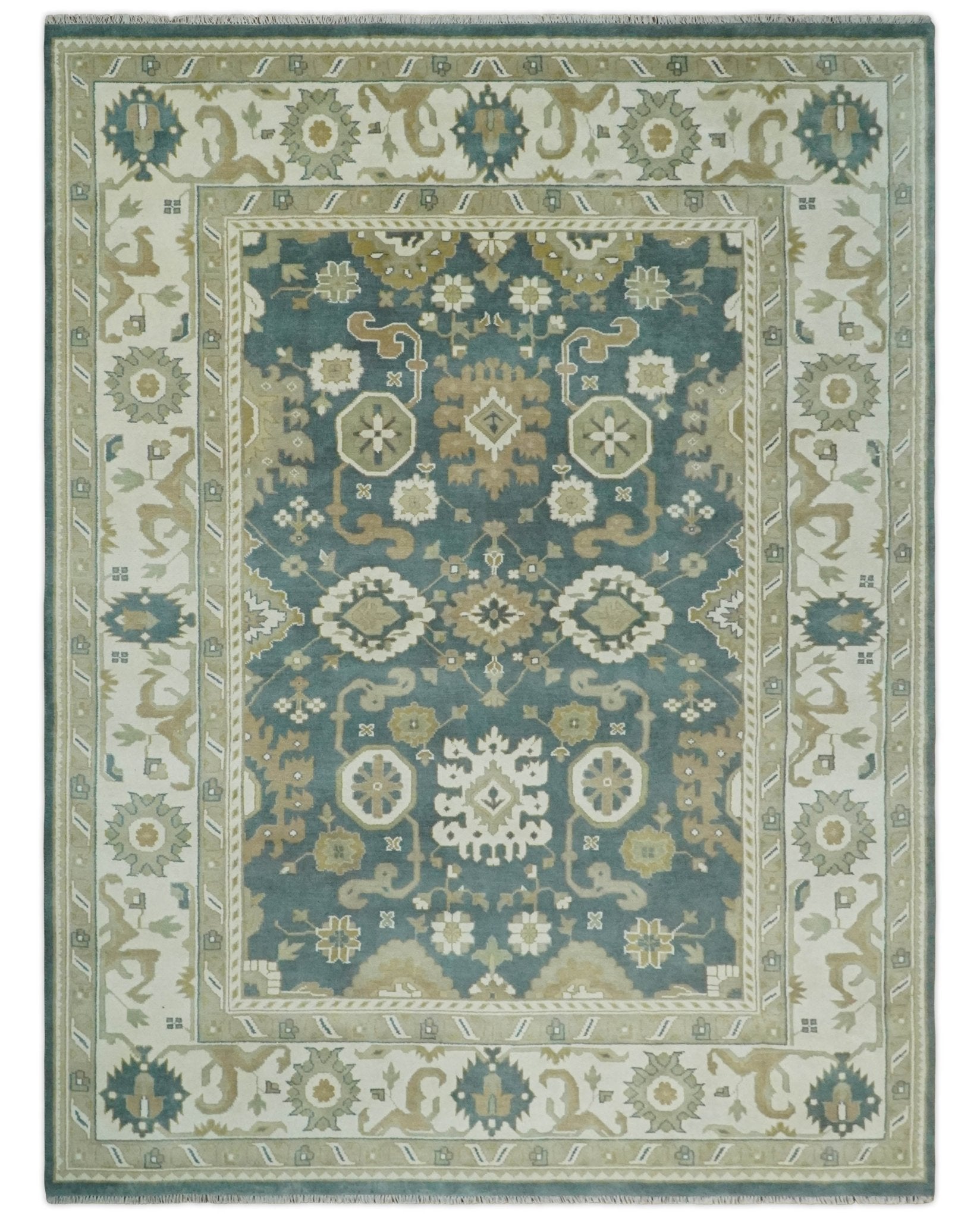 Custom Made Hand Knotted Dark Teal, Ivory and Beige Traditional Multi Size Oushak Wool Rug - The Rug Decor