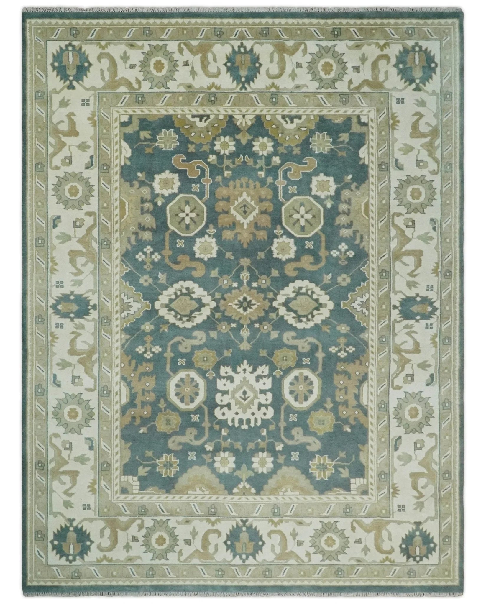 Custom Made Hand Knotted Dark Teal, Ivory and Beige Traditional Multi Size Oushak Wool Rug - The Rug Decor