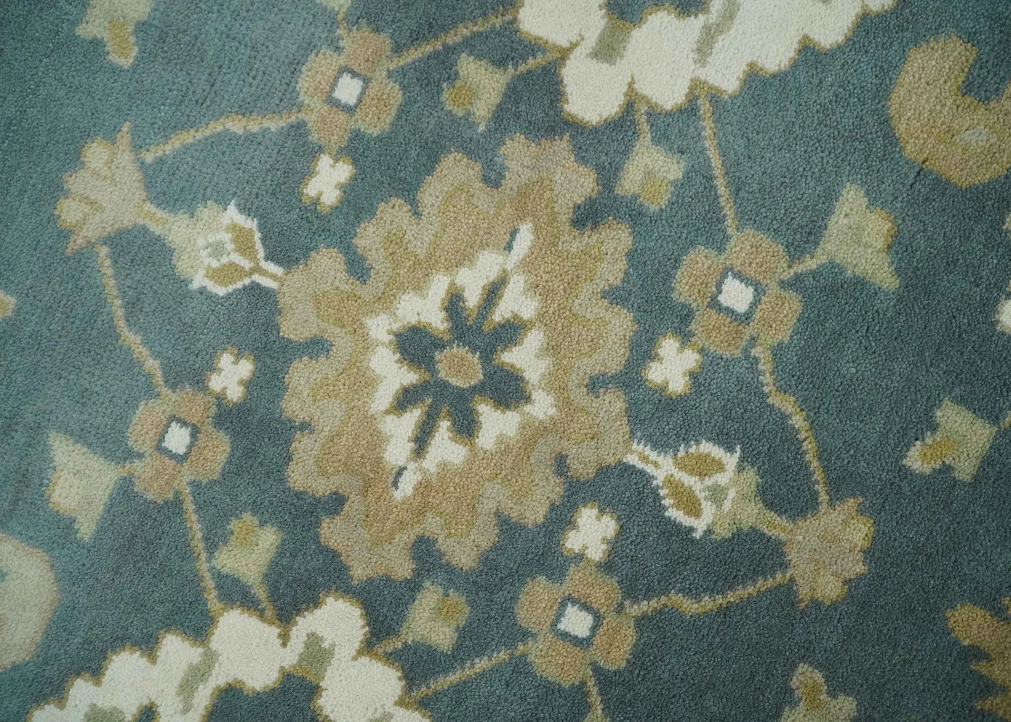 Custom Made Hand Knotted Dark Teal, Ivory and Beige Traditional Multi Size Oushak Wool Rug - The Rug Decor