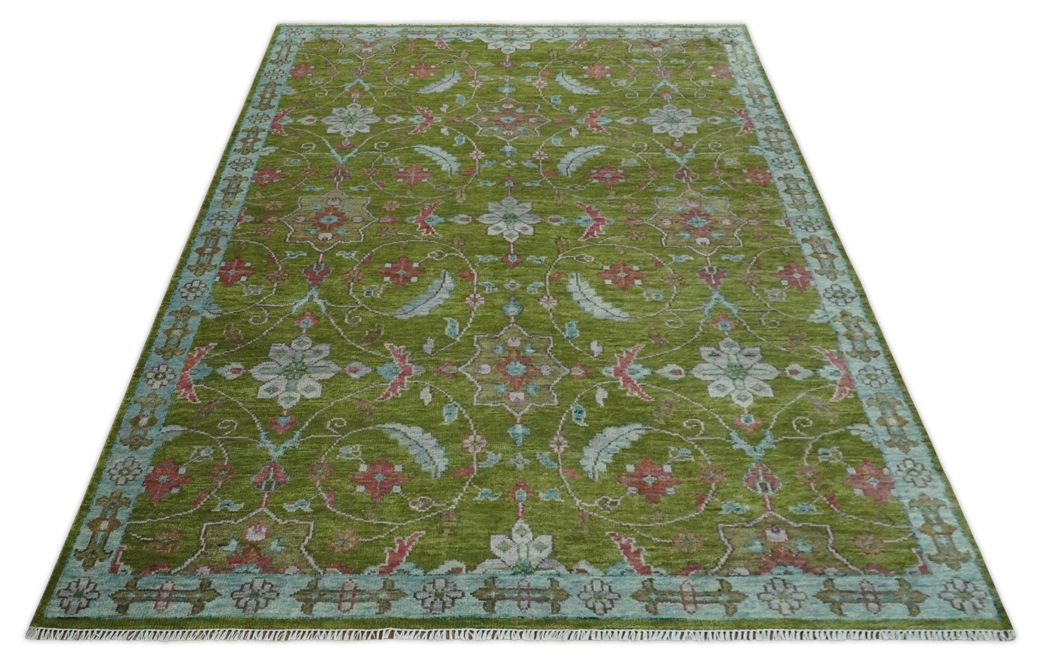 Custom Made Hand Knotted Green, Silver and Maroon Traditional Wool Area Rug - The Rug Decor