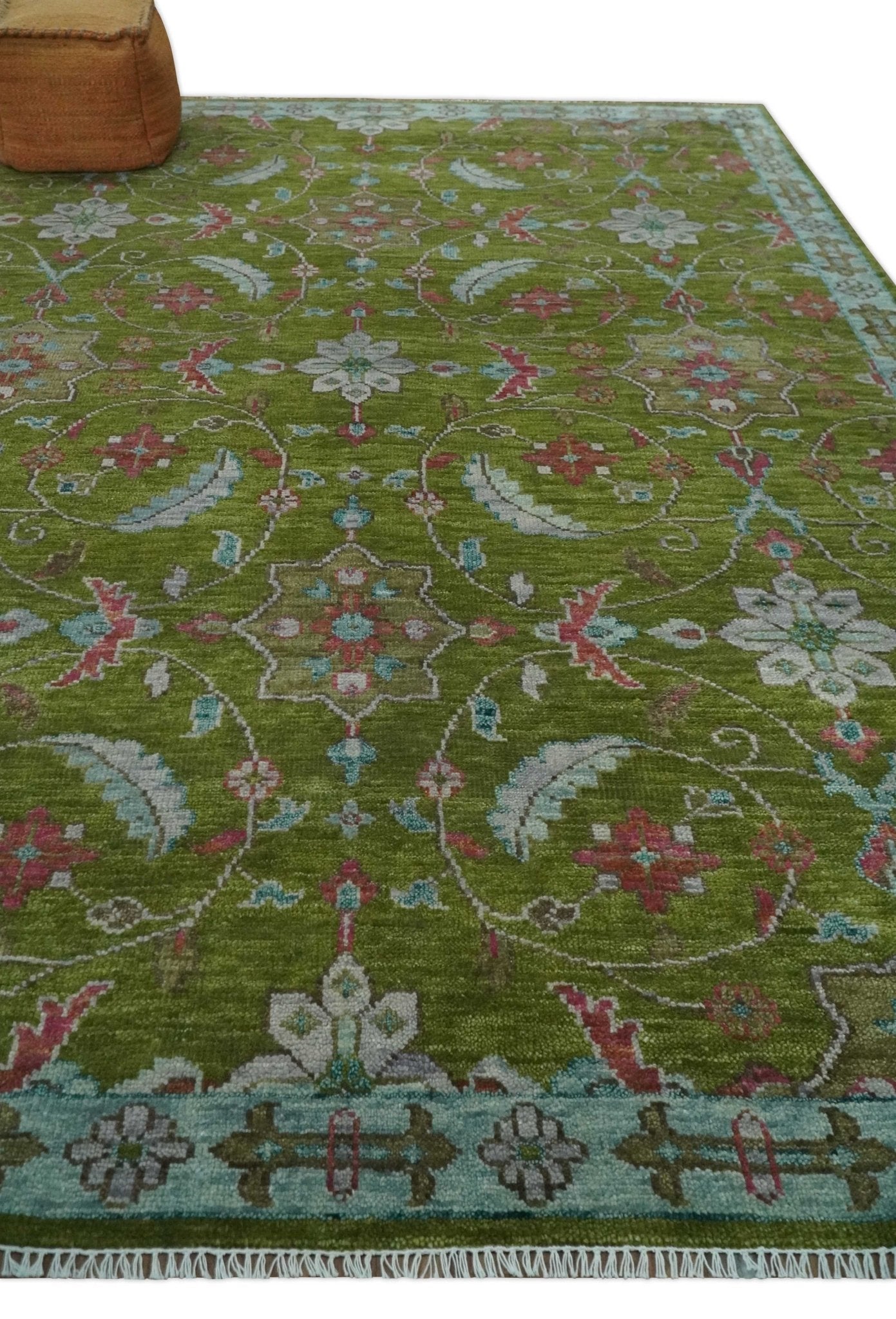 Custom Made Hand Knotted Green, Silver and Maroon Traditional Wool Area Rug - The Rug Decor