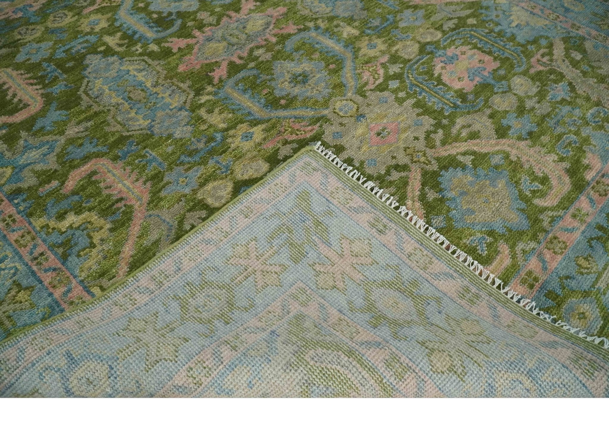 Custom Made Hand Knotted Green, Silver and Peach Traditional Oushak Wool Area Rug