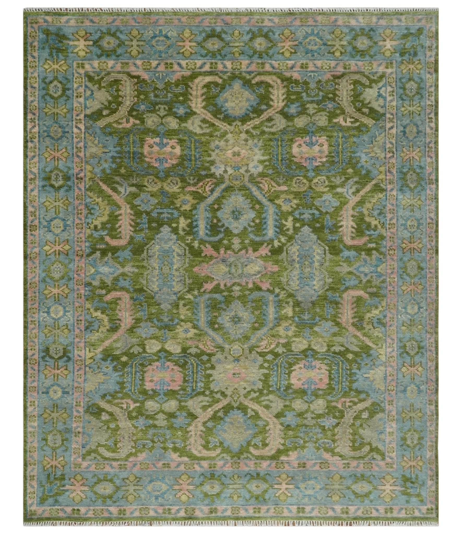 Custom Made Hand Knotted Green, Silver and Peach Traditional Oushak Wool Area Rug
