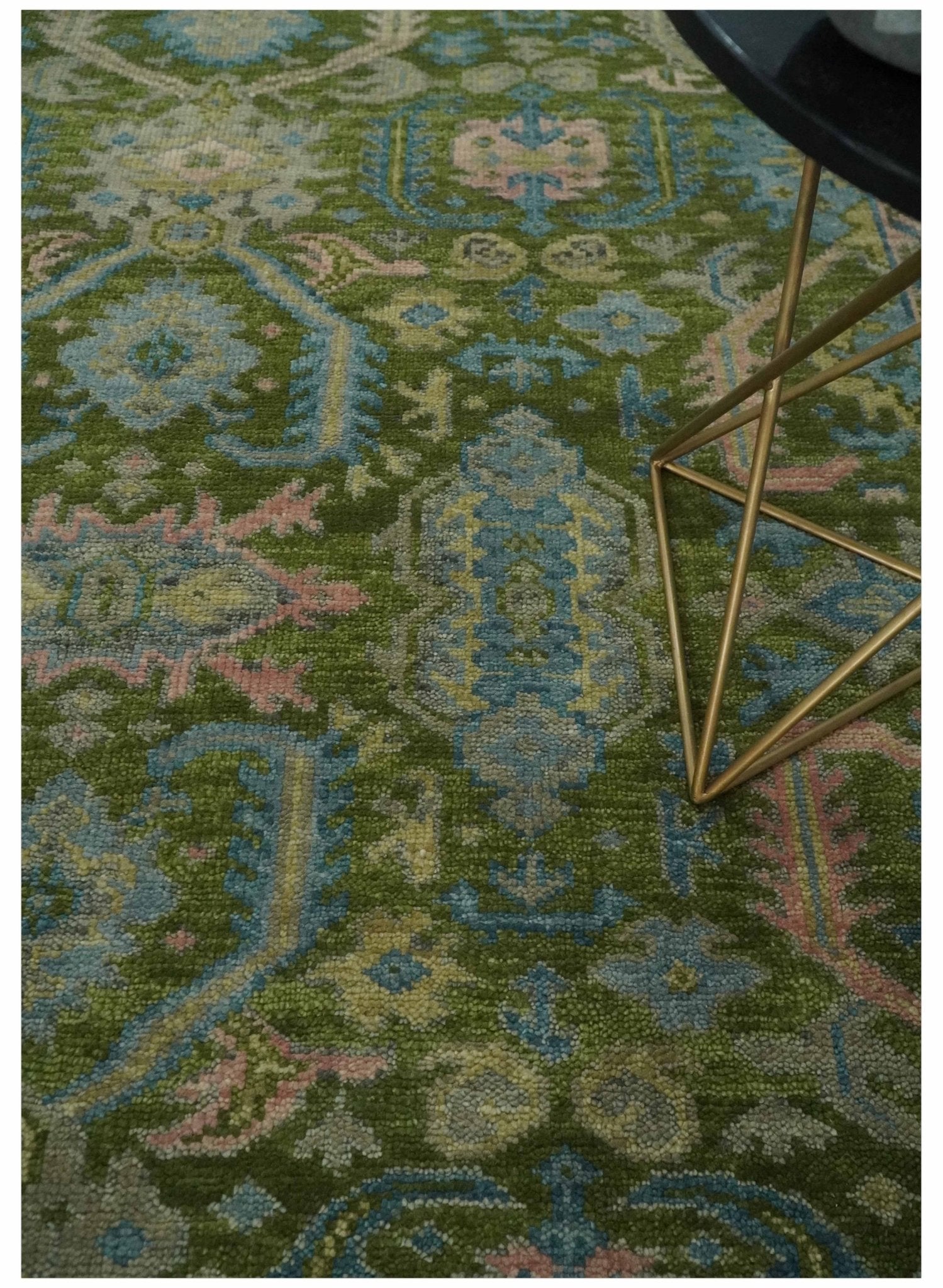 Custom Made Hand Knotted Green, Silver and Peach Traditional Oushak Wool Area Rug