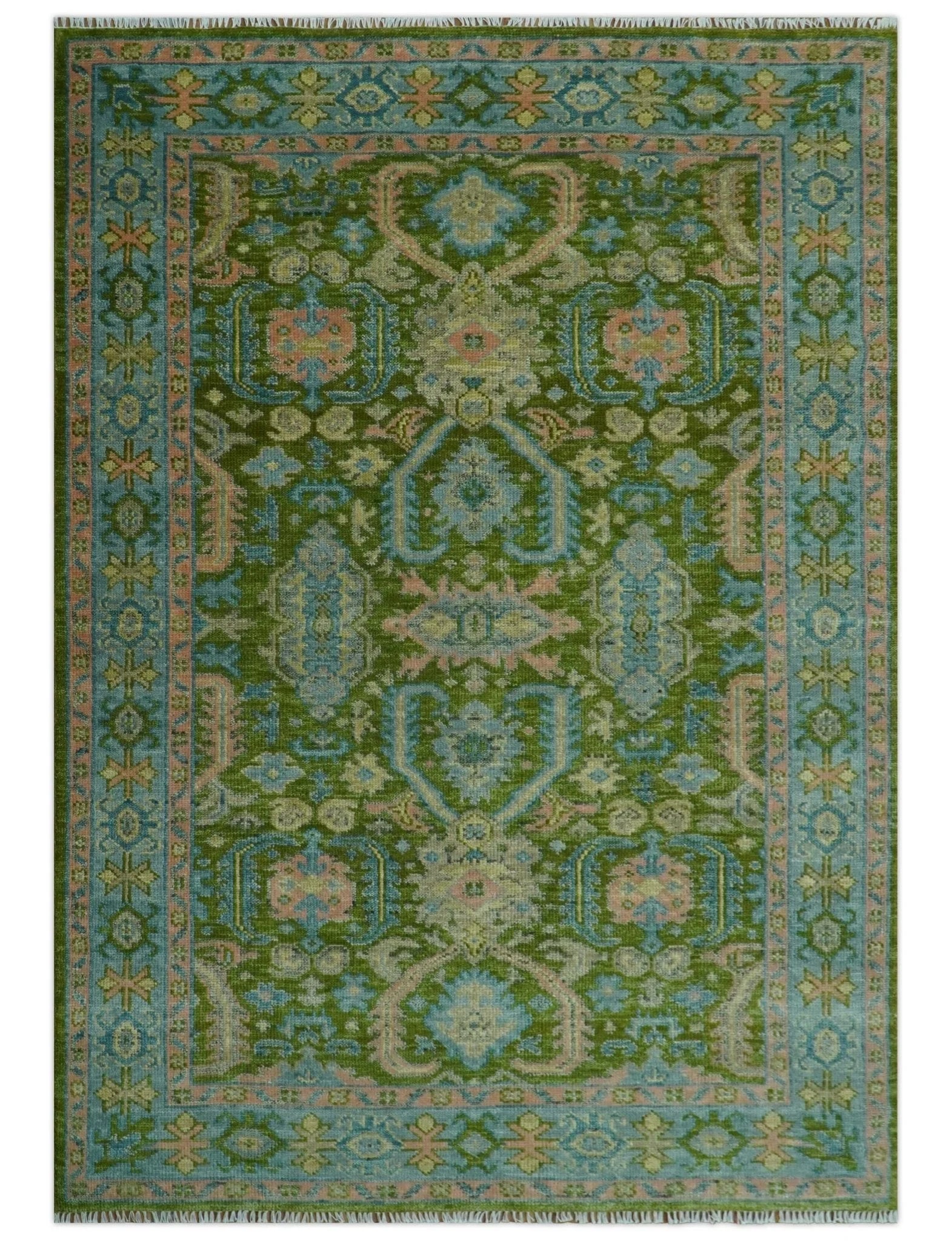 Custom Made Hand Knotted Green, Silver and Peach Traditional Oushak Wool Area Rug - The Rug Decor