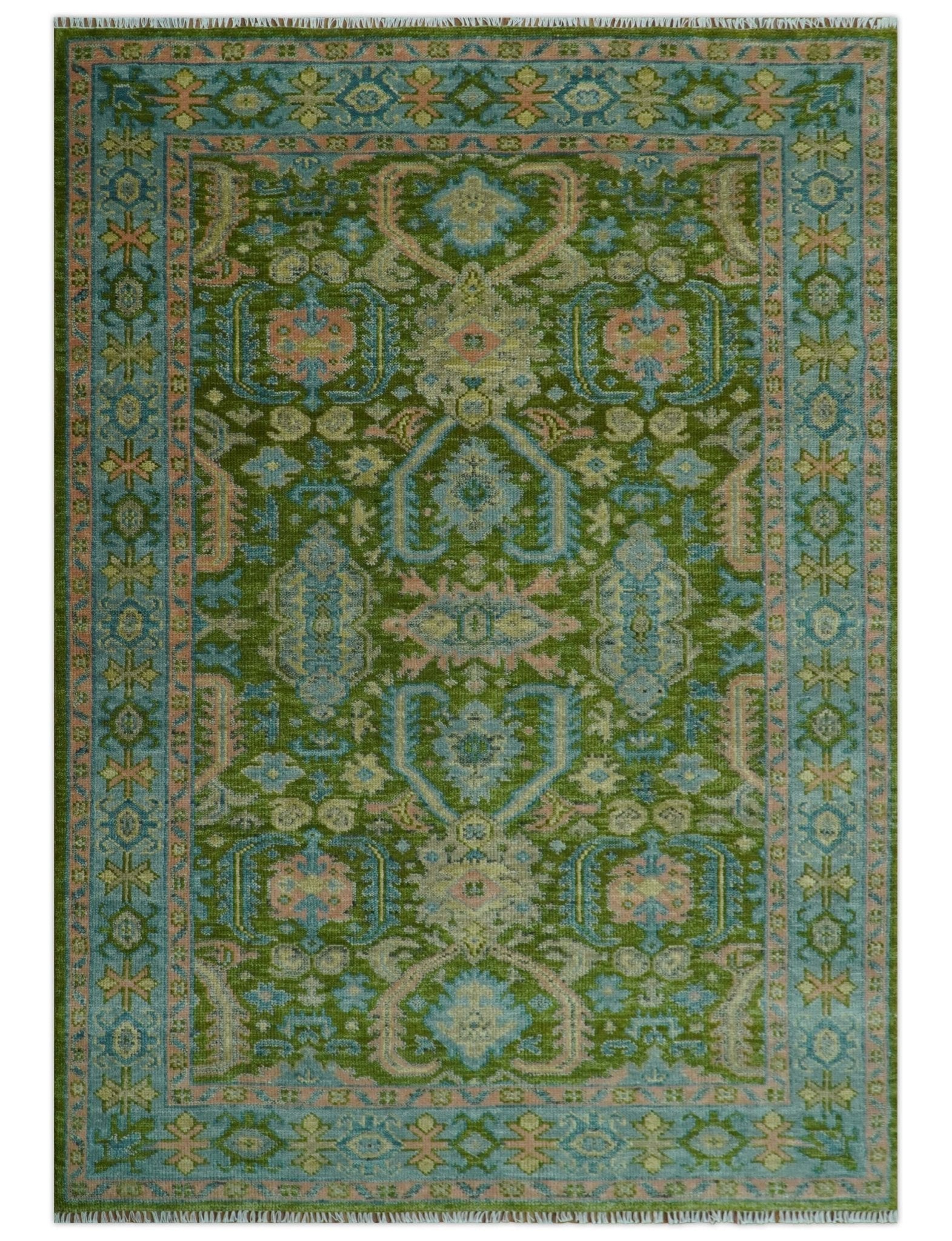 Custom Made Hand Knotted Green, Silver and Peach Traditional Oushak Wool Area Rug