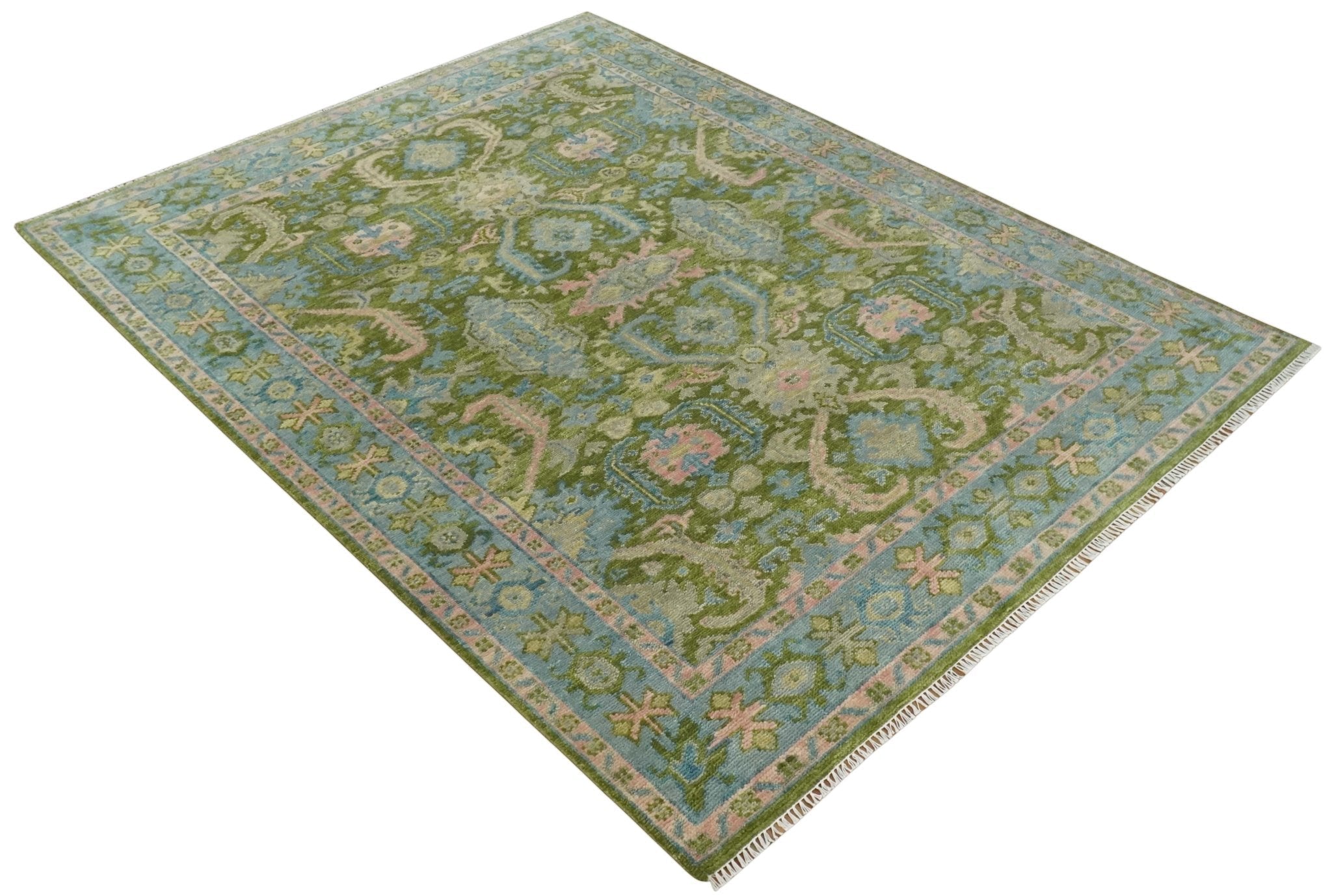 Custom Made Hand Knotted Green, Silver and Peach Traditional Oushak Wool Area Rug