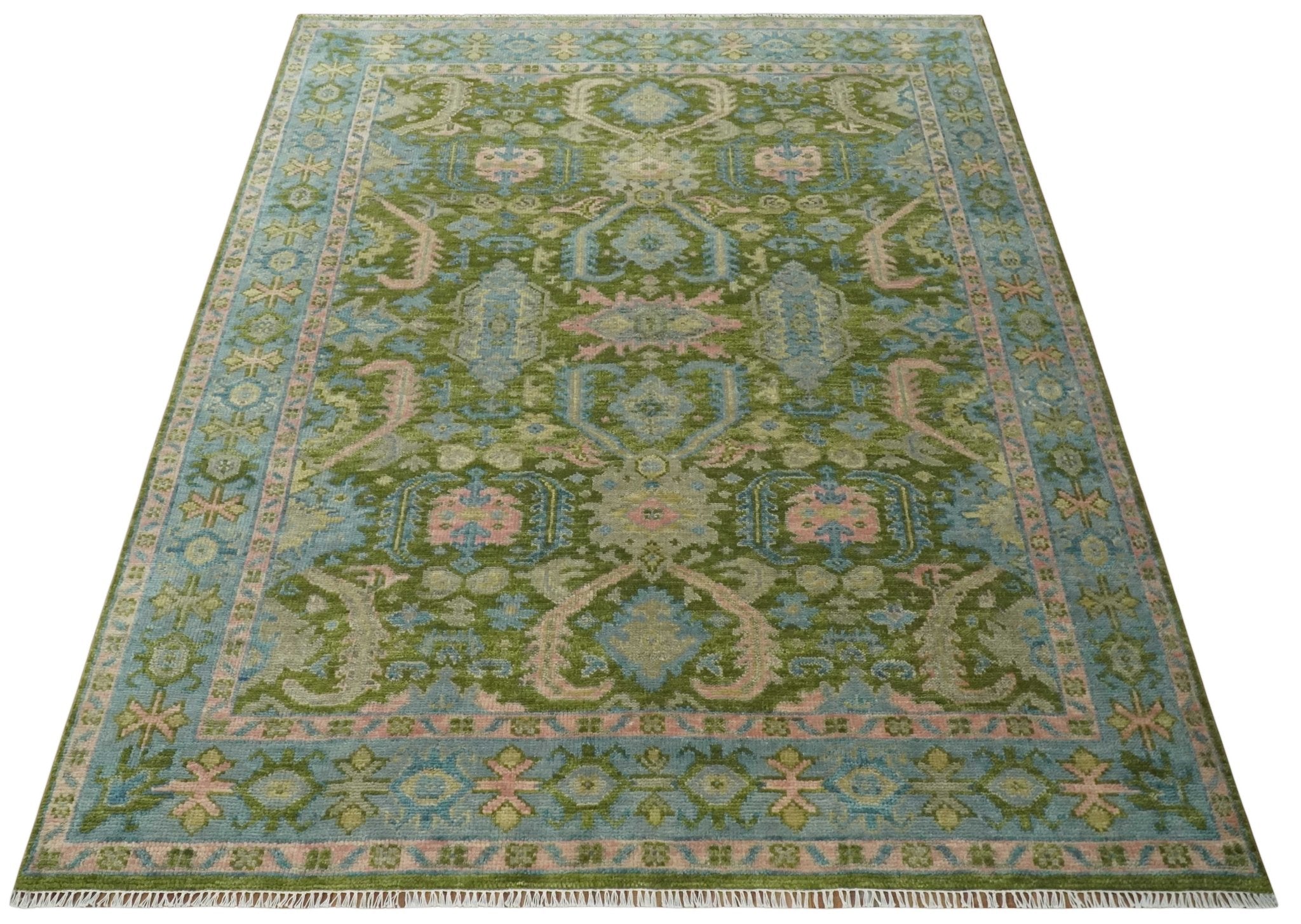 Custom Made Hand Knotted Green, Silver and Peach Traditional Oushak Wool Area Rug