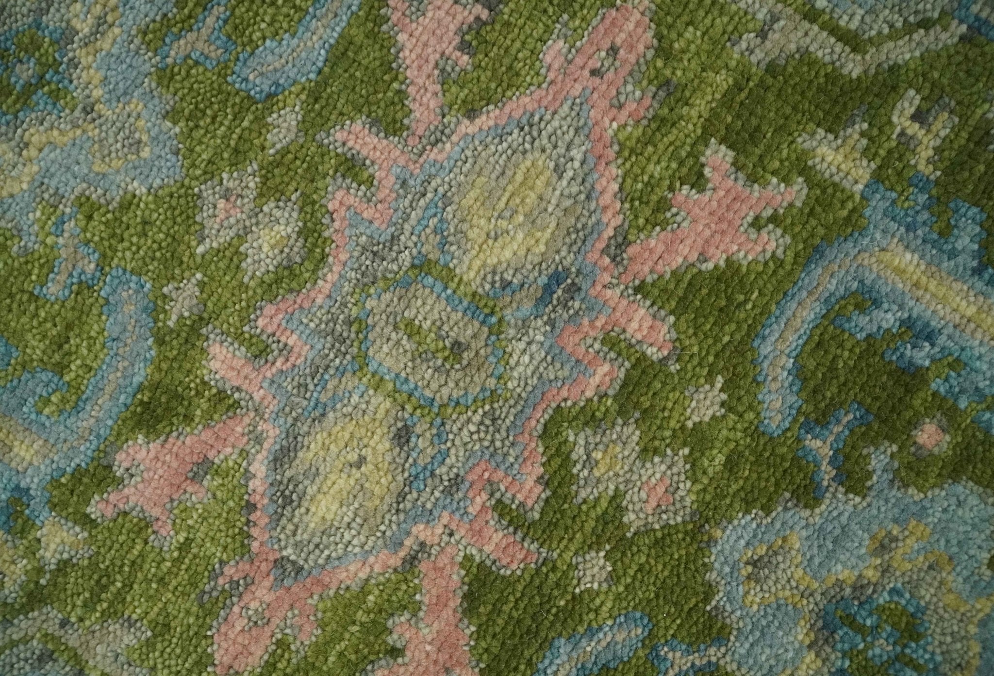 Custom Made Hand Knotted Green, Silver and Peach Traditional Oushak Wool Area Rug