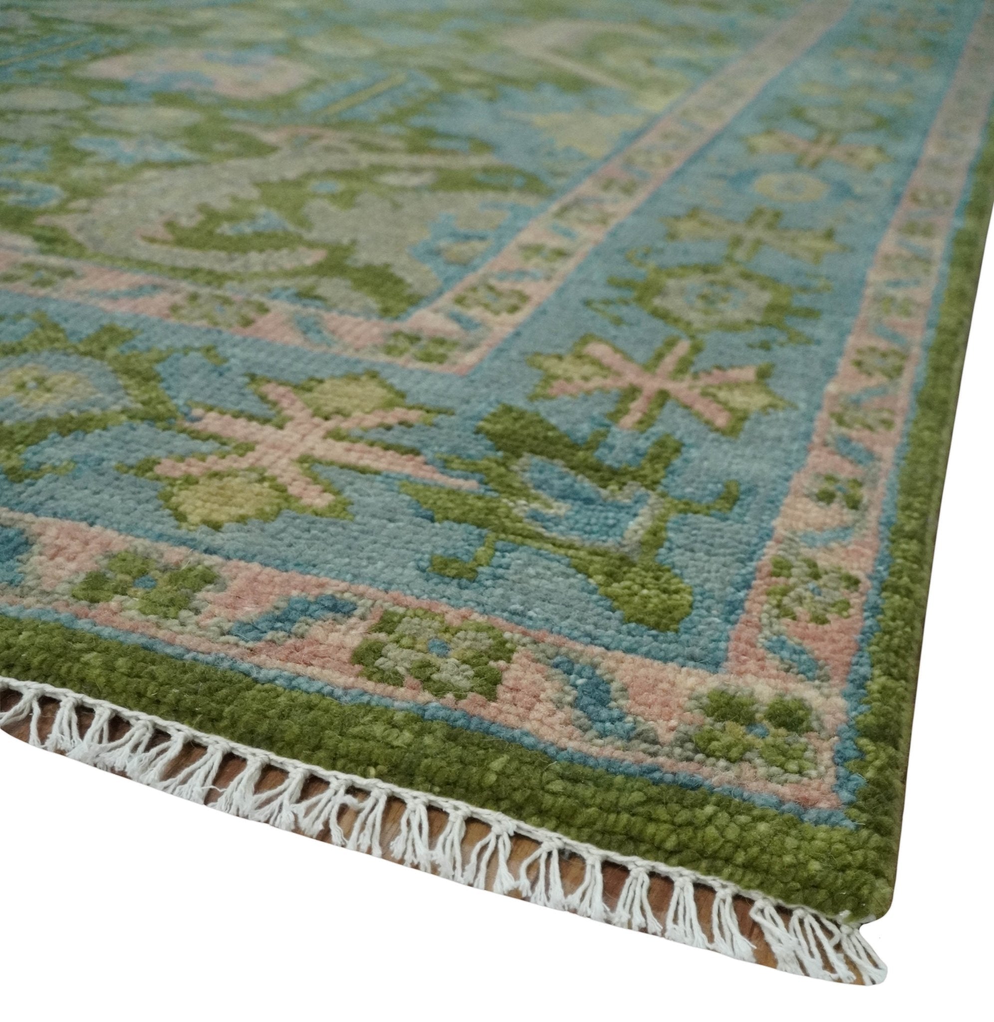 Custom Made Hand Knotted Green, Silver and Peach Traditional Oushak Wool Area Rug
