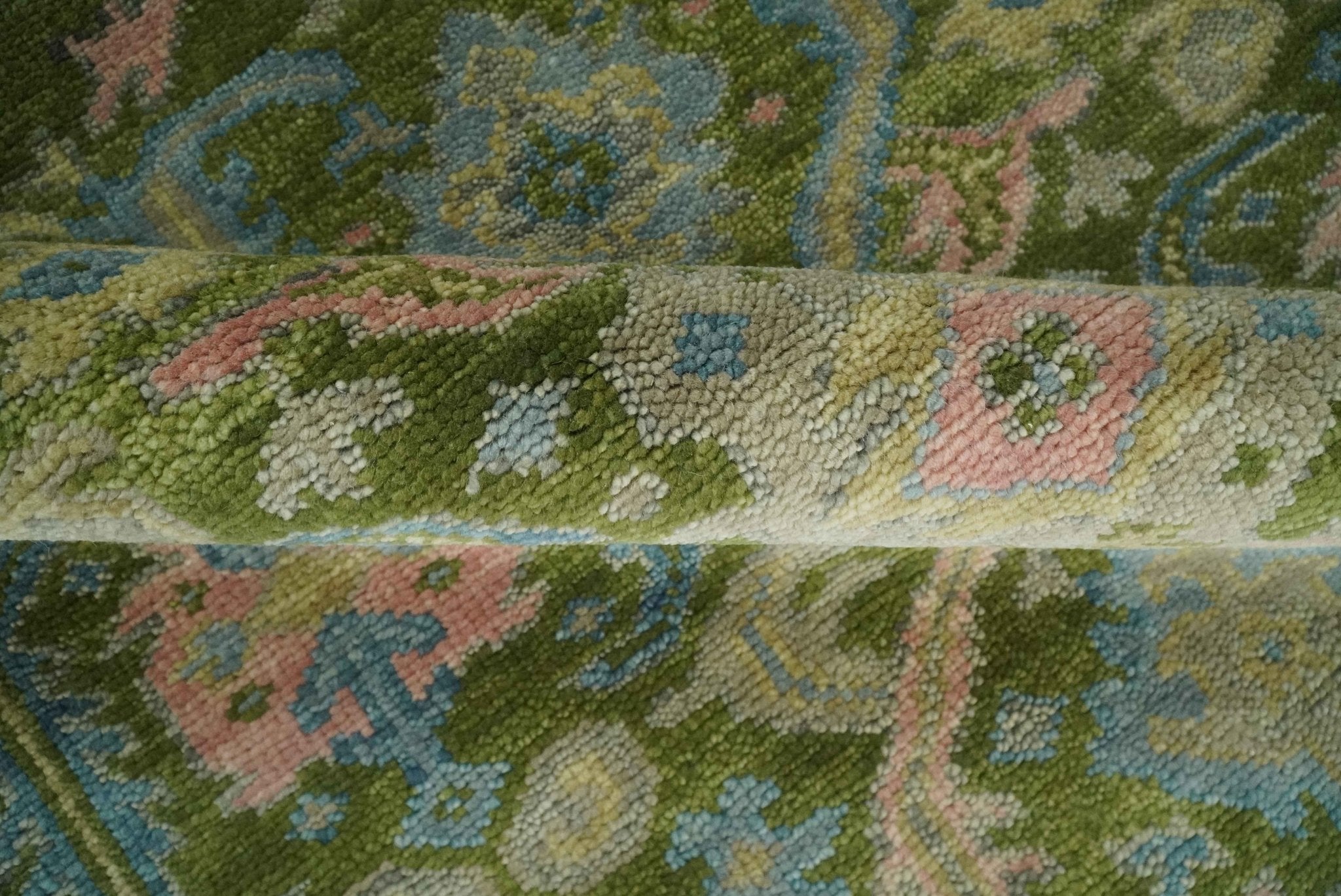 Custom Made Hand Knotted Green, Silver and Peach Traditional Oushak Wool Area Rug