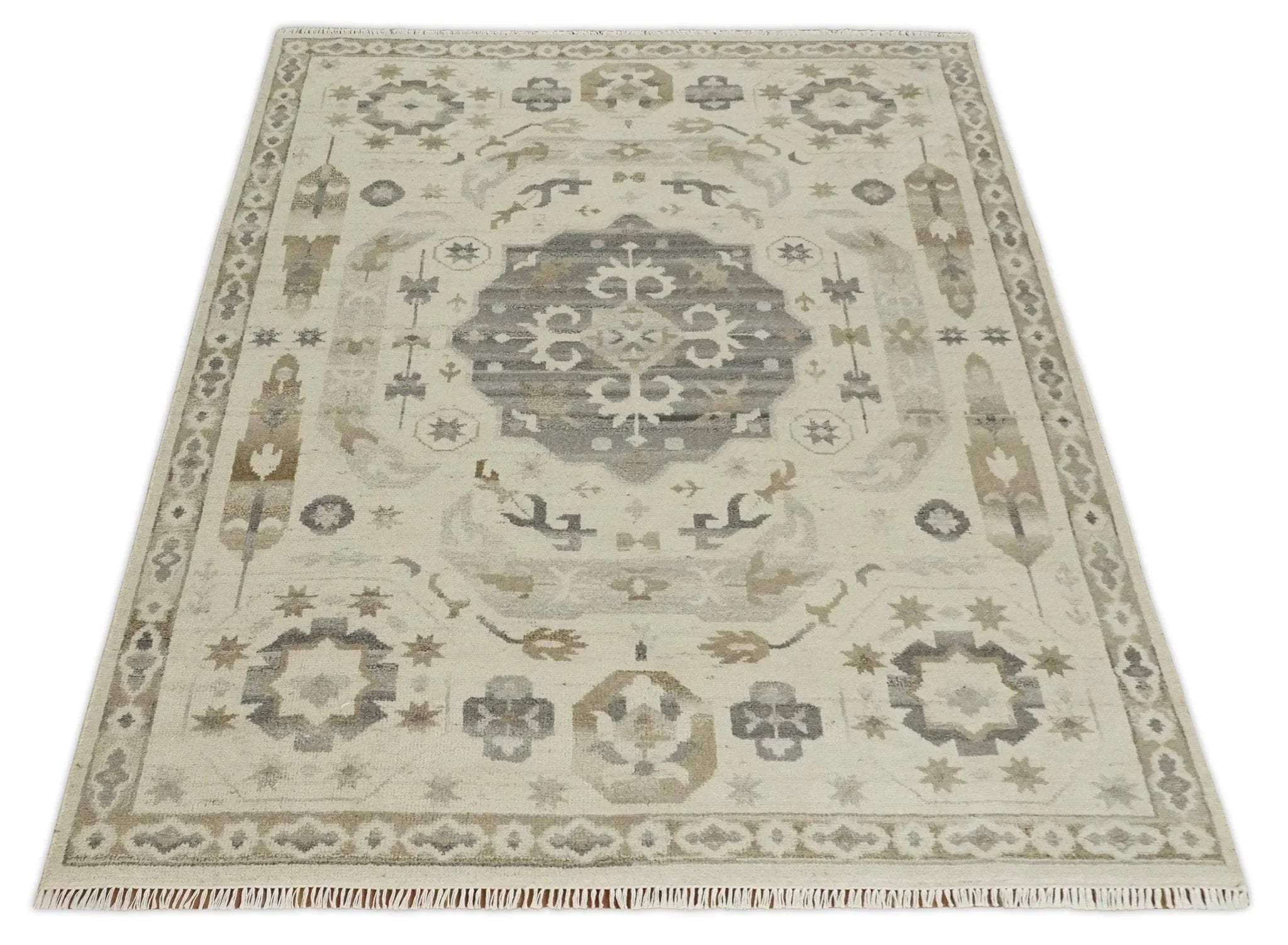 Custom Made Hand Knotted Ivory and Charcoal Medallion Pattern Wool Area Rug - The Rug Decor