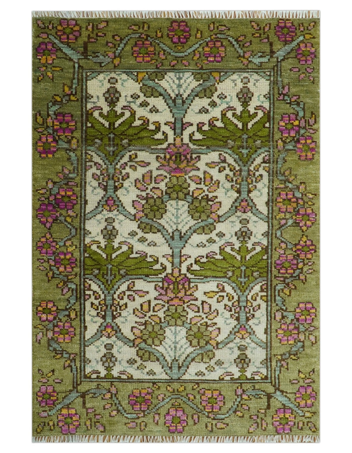 Custom Made Hand Knotted Ivory and Green Floral Traditional Style Wool Area Rug