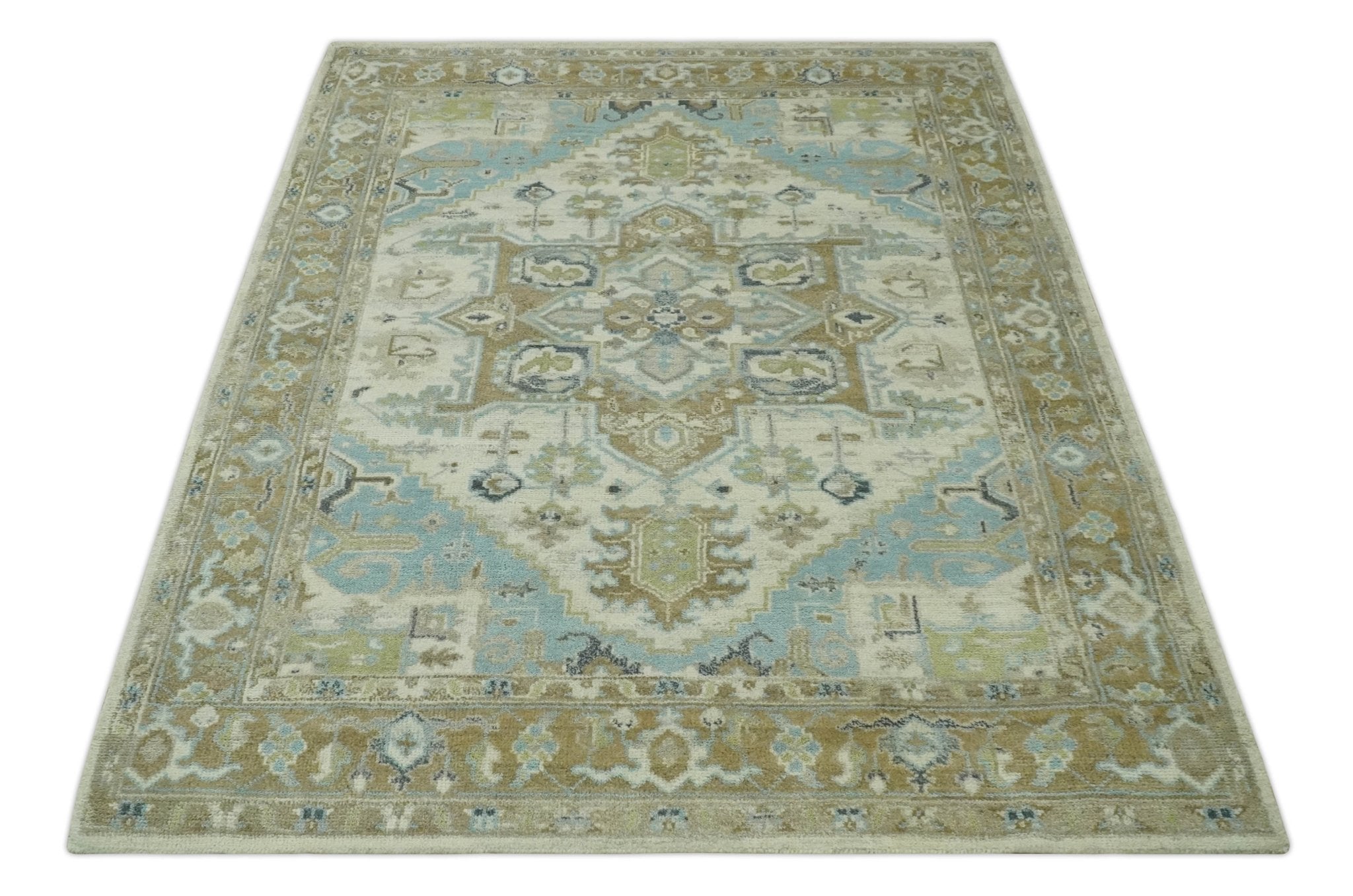 Custom Made Hand Knotted Ivory, Olive and Light Blue Traditional Wool Area Rug - The Rug Decor