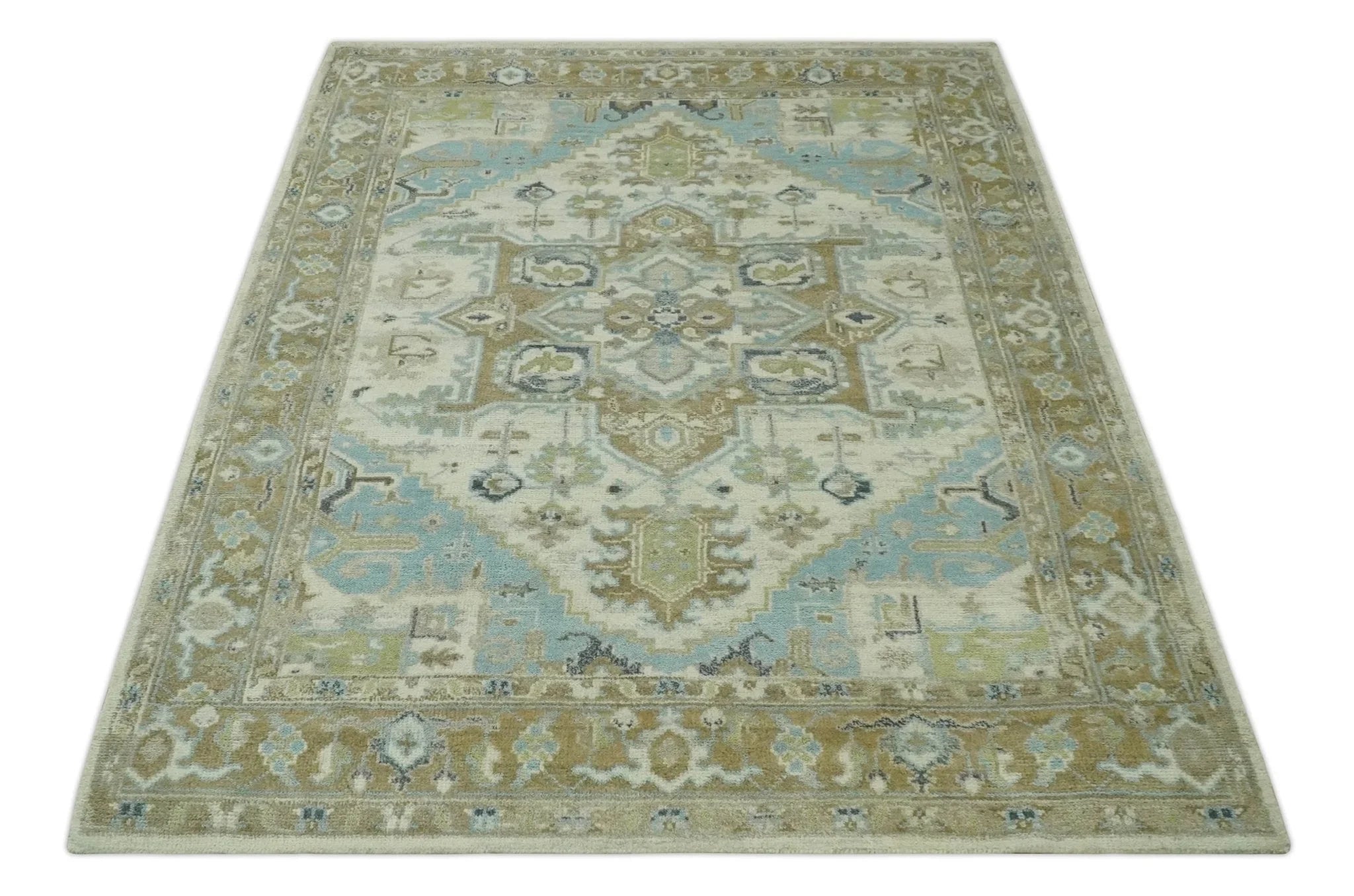 Custom Made Hand Knotted Ivory, Olive and Light Blue Traditional Wool Area Rug - The Rug Decor