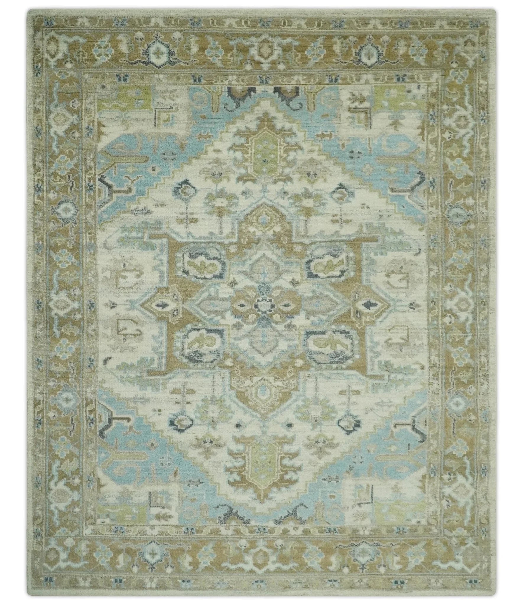 Custom Made Hand Knotted Ivory, Olive and Light Blue Traditional Wool Area Rug - The Rug Decor