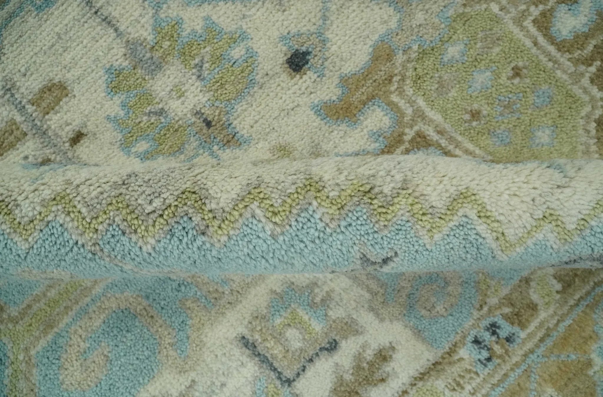 Custom Made Hand Knotted Ivory, Olive and Light Blue Traditional Wool Area Rug - The Rug Decor