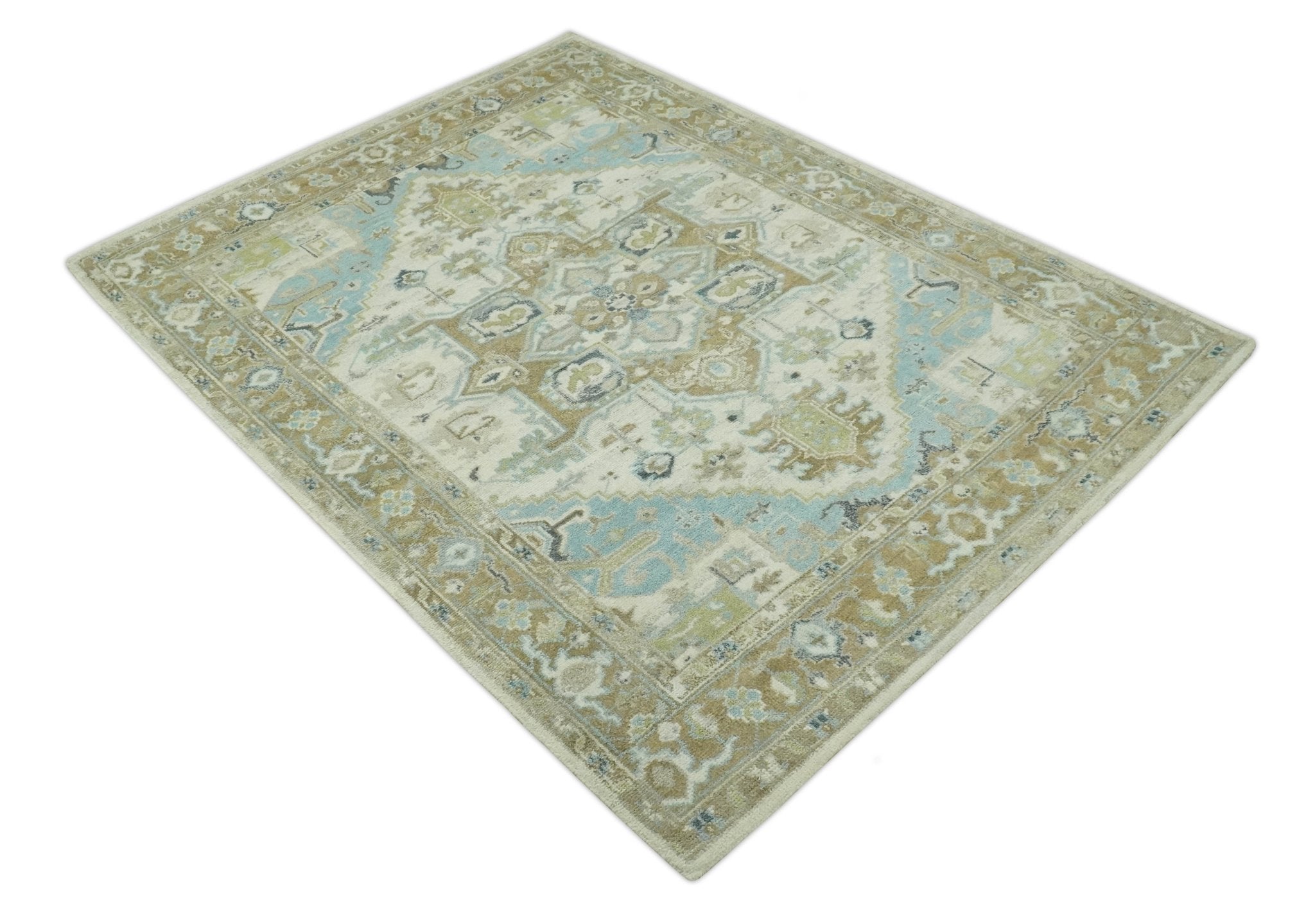 Custom Made Hand Knotted Ivory, Olive and Light Blue Traditional Wool Area Rug - The Rug Decor